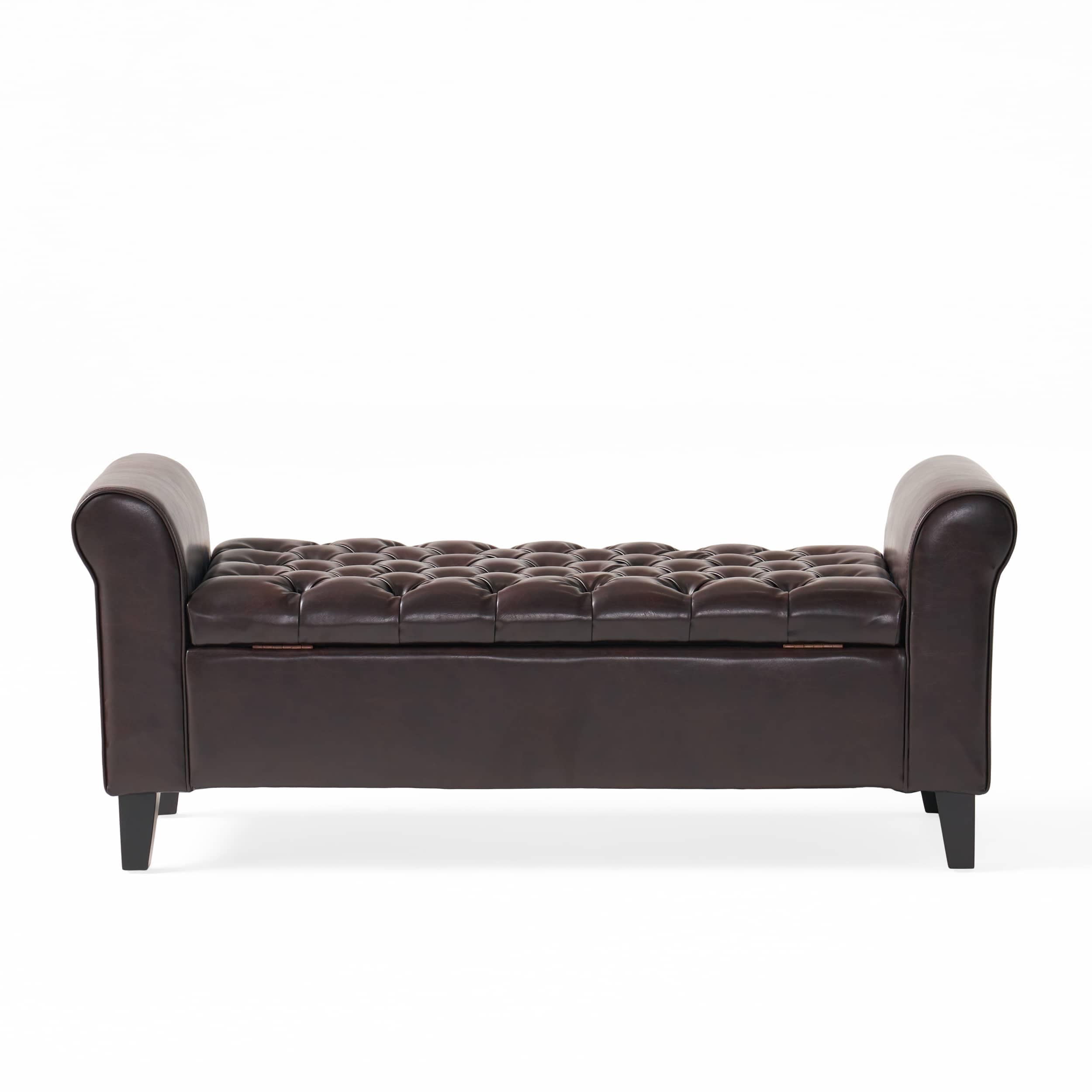 Maison Boucle - 50 Inch Faux Leather Storage Bench with Rolled Arms for Bedroom or Entryway Tufte...