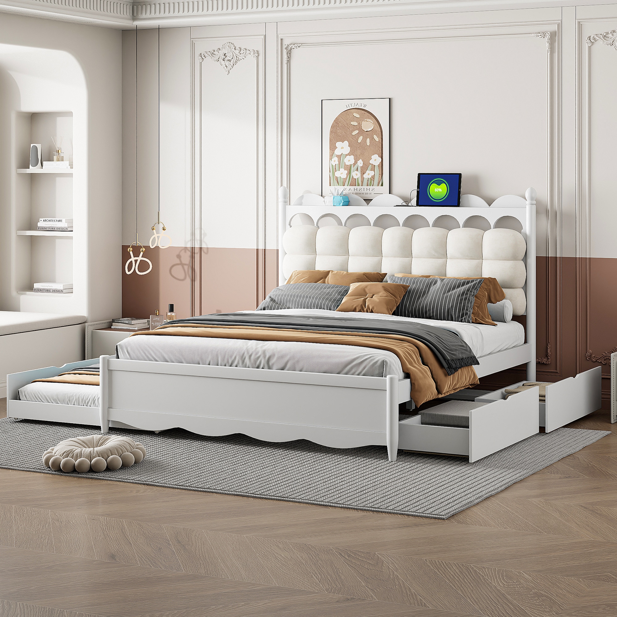 ModernLuxe L3P-N820S00038K Queen Size Wooden Storage Platform Bed with 2 Big Drawers TwinXL Size Trundle One set of Sockets  USB Ports White