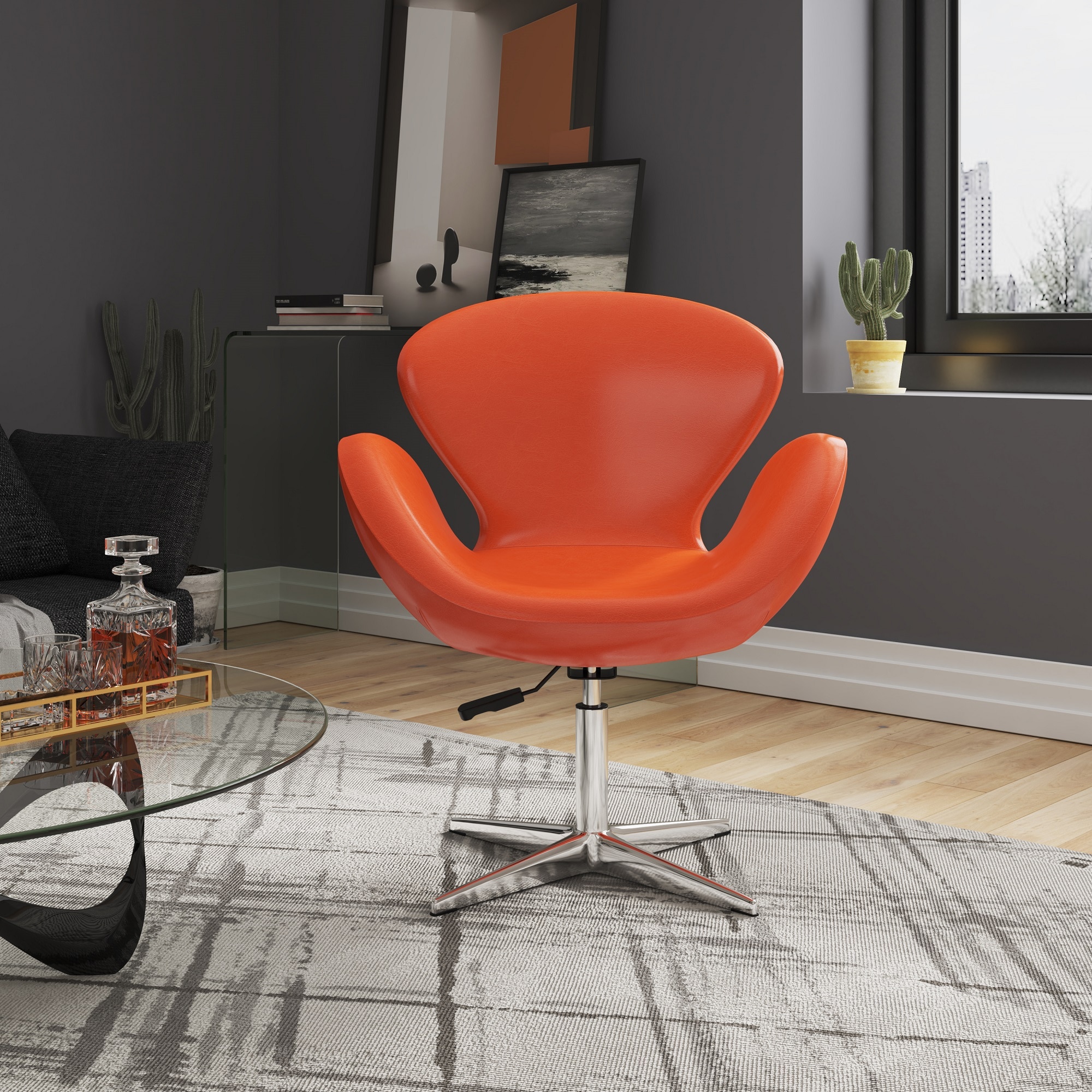 Manhattan Comfort 2-AC038-TR 2 Modern Tangerine and Polished Chrome Faux leather Accent Chair