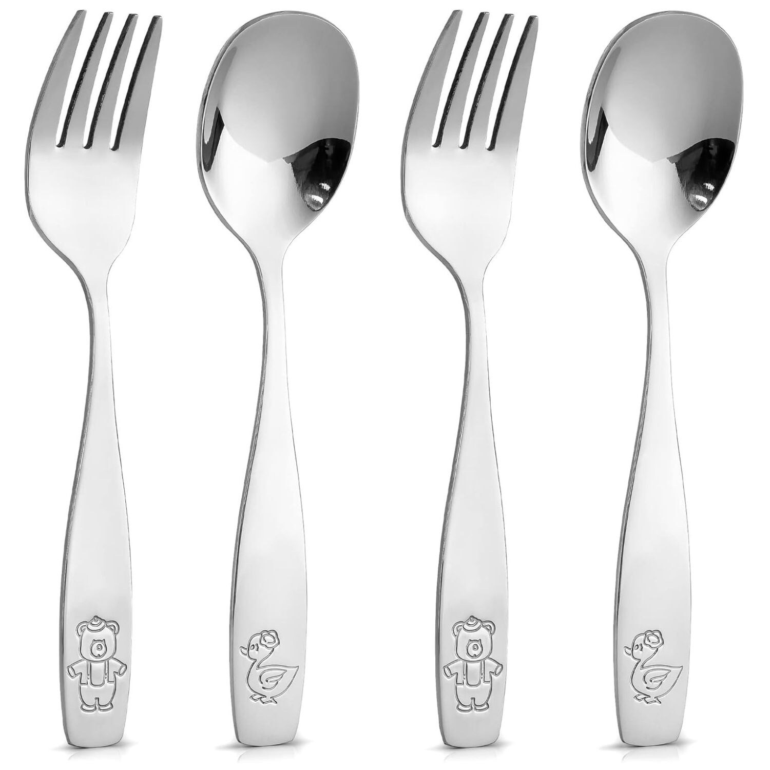 Zulay Kitchen 4 Piece Kids and Toddler Fork and Spoon Set Stainless Steel Self Feeding Utensils