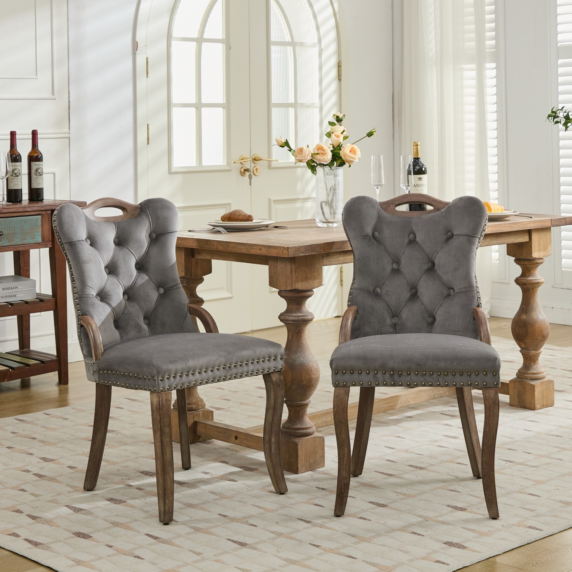 LOVMOR SF-M-W1143P338141 Velvet Dining Chair with Handmade Tufted Trim  Solid Wood Handles on Top and Sides  Vintage Copper Nail Decoration Curved Solid Wood Legs  Elegant Overall Shape Set of 2 Gray