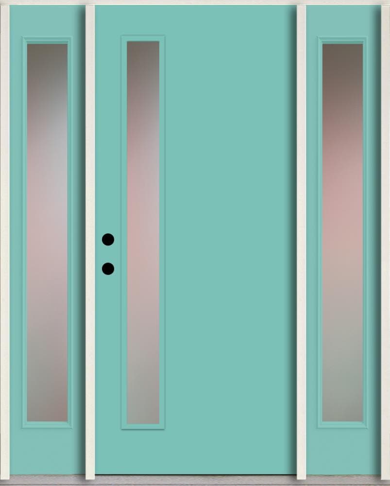 RELIABILT LO1065439 Spotlights 56-in x 80-in x 4-5/8-in Fiberglass 1/4 lite Right-hand inswing Caribbean Blue Paint Painted Prehung Front Door with Sidelights Insulating core