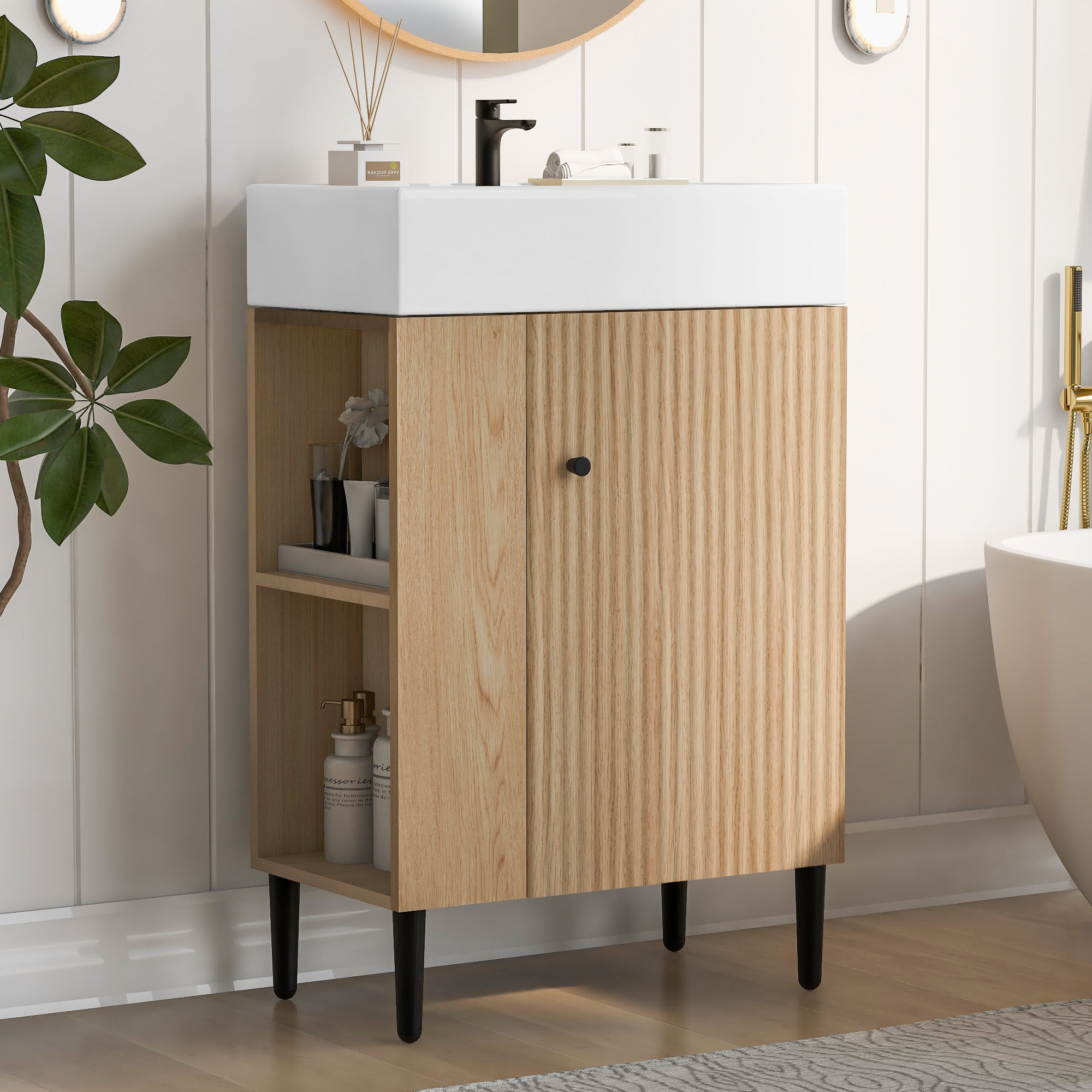 Aoibox -  21 6 inch Wood Bathroom Vanity with Single Ceramic Sink Left Side Storage Cabinet Moder...