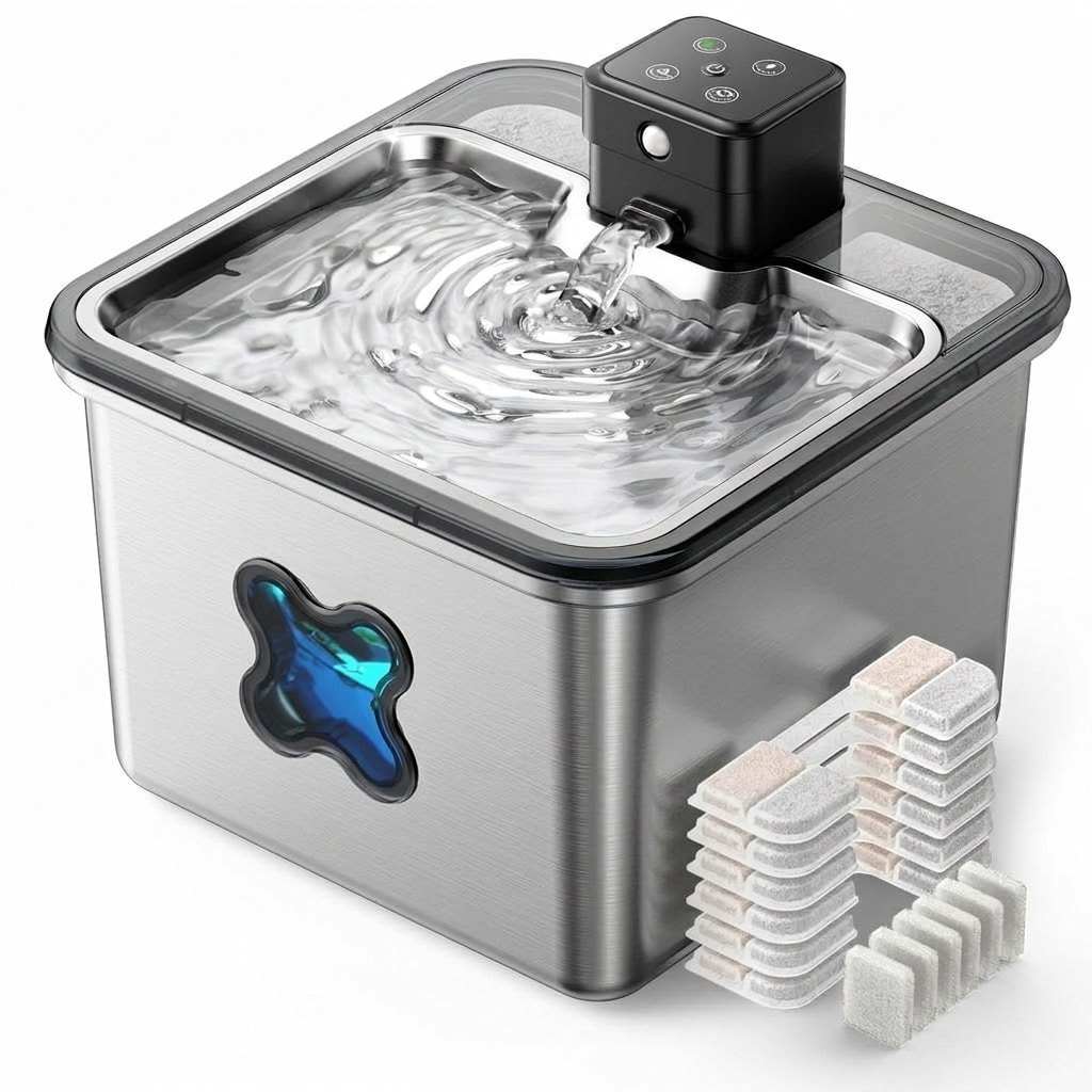 Misopily  Cat Water Fountain Wireless 3.2L 108oz Stainless Steel Visual Filter Window 6 Filters Sensor and Timed Modes for Cats Dogs 1 Piece