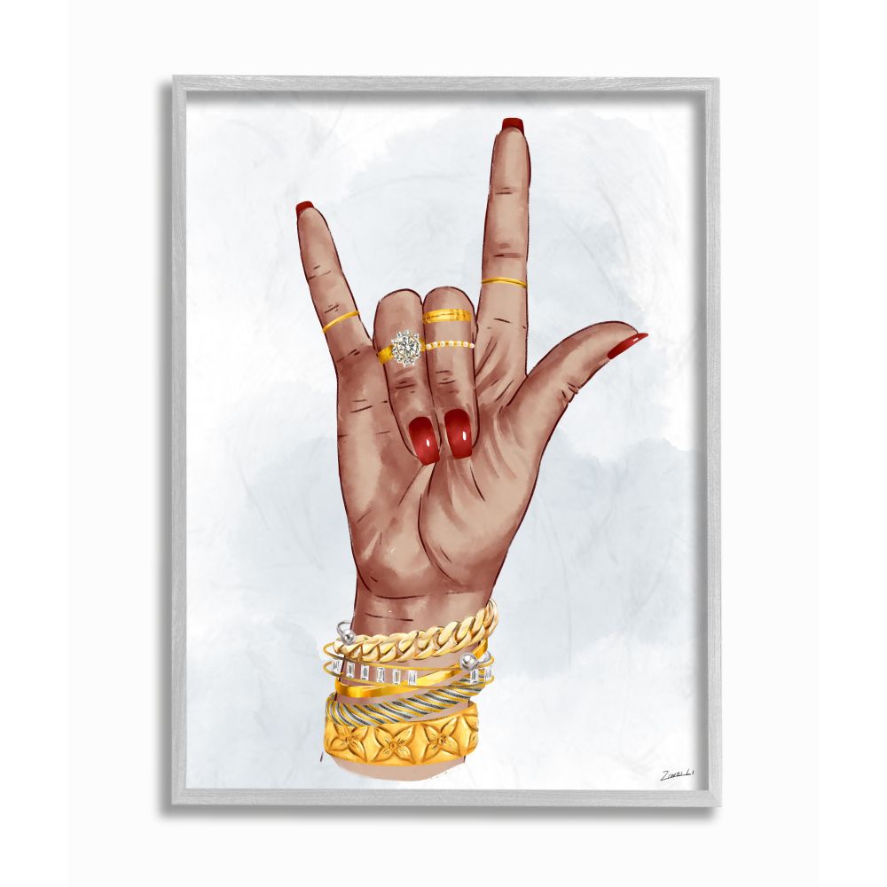 Stupell Industries I Love You Hand Pose Fashion Inspired Accessories Ziwei Li Framed 20-in H x 16-in W Figurative Wood Print in Off-White -  AB-679-GFF-16X20
