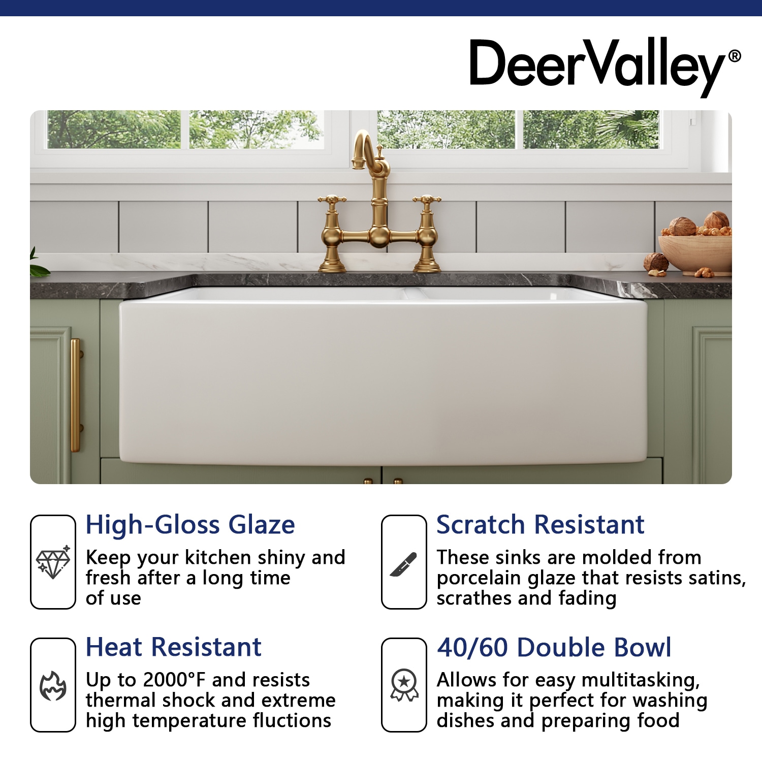 DeerValley 33" White Fireclay Double Bowl Farmhouse Sink