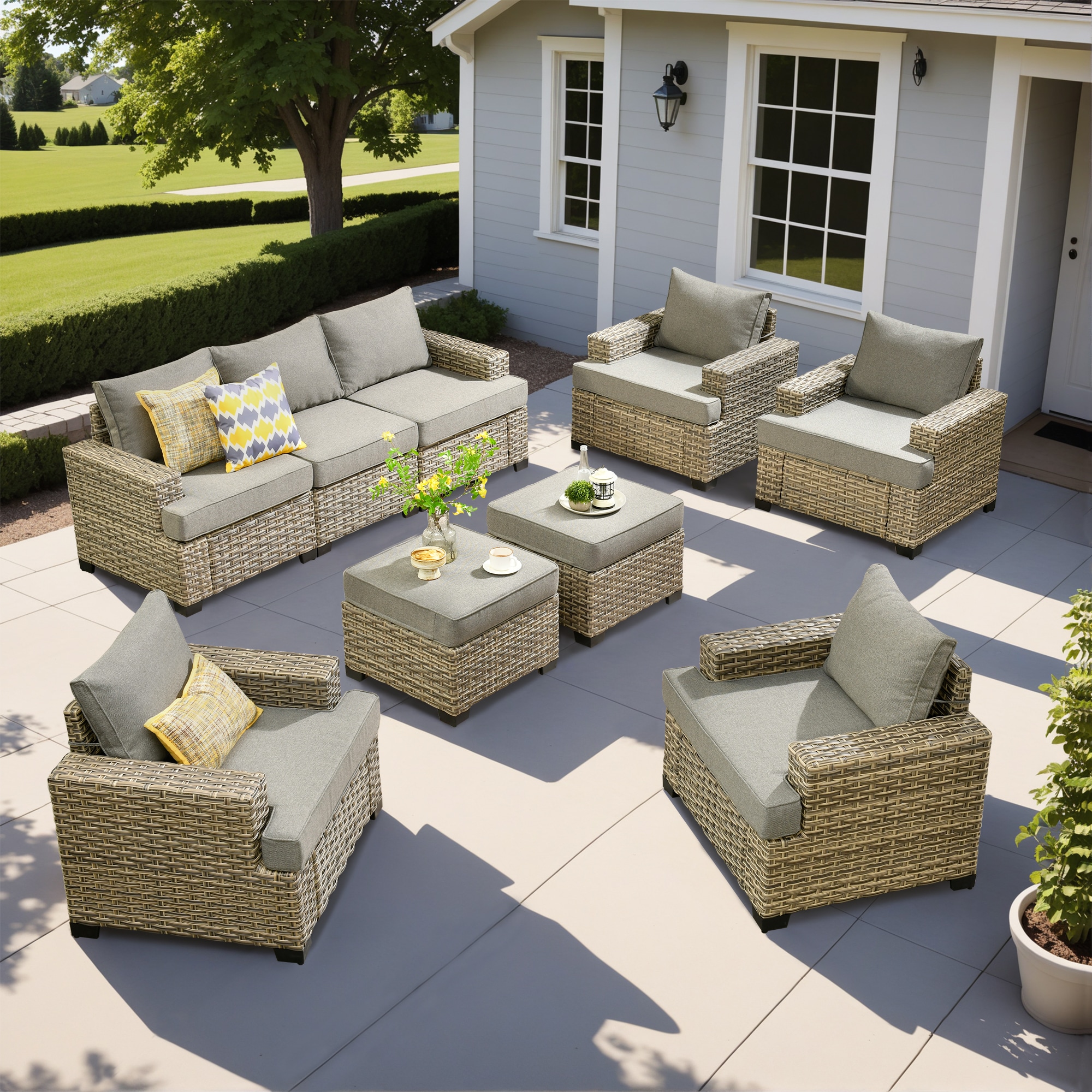 ALTRIGUS 6L-TBS209-AL 9 -Piece Wicker Patio Sofa Conversation Set with Dark Gray Cushions