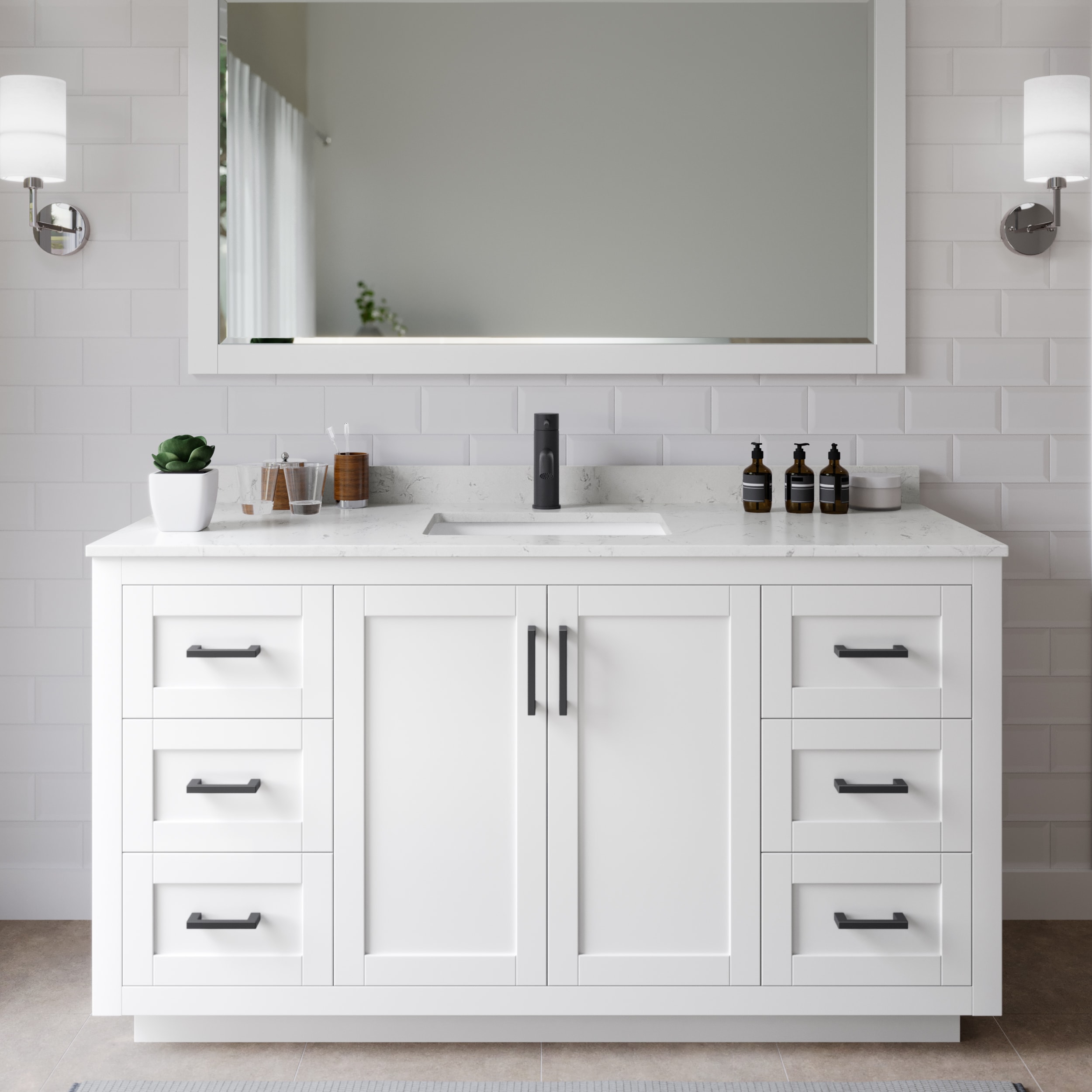 Wyndham Collection WCF292960SWBC2UNSMXX Miranda 60-in White with Matte Black Trim Undermount Single sink Bathroom Vanity with Carrara Cultured Marble Cultured marble Top
