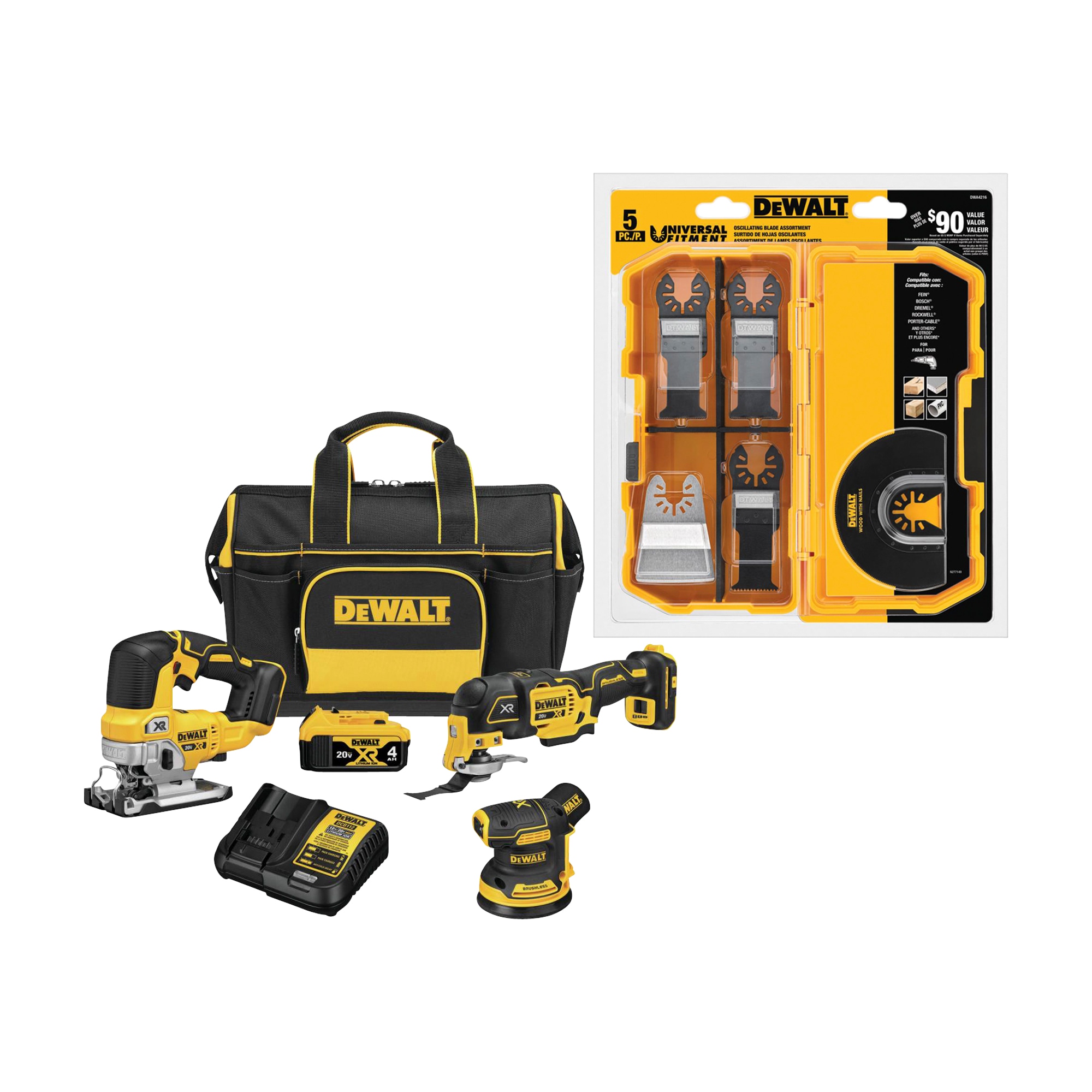 DEWALT XR 3-Tool 20-Volt Max Brushless Power Tool Combo Kit with Soft Case (1-Battery and charger Included) & 5-Piece Oscillating Blade Set
