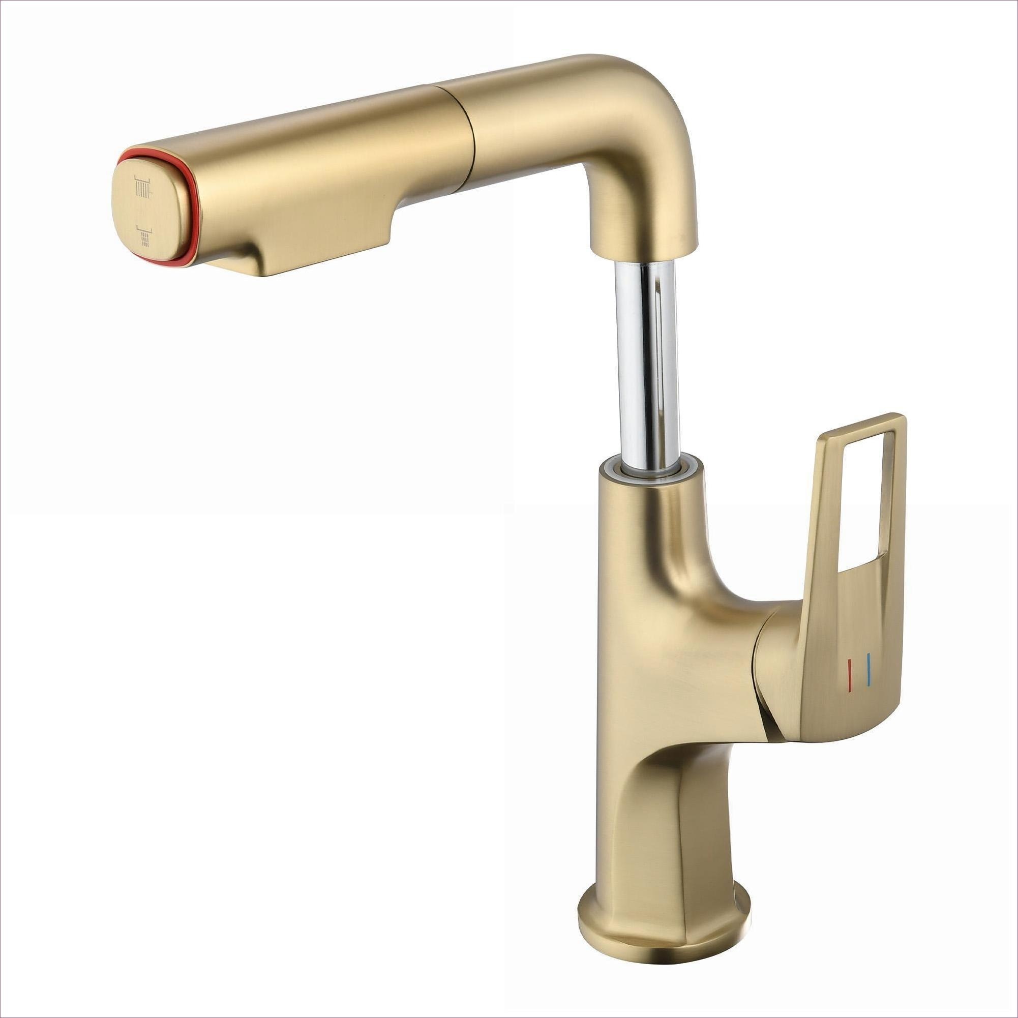 Watnature - Lutimesury Pull-Down Single Hole Bathroom Sink Faucet with Dual Spray Modes Champagn...