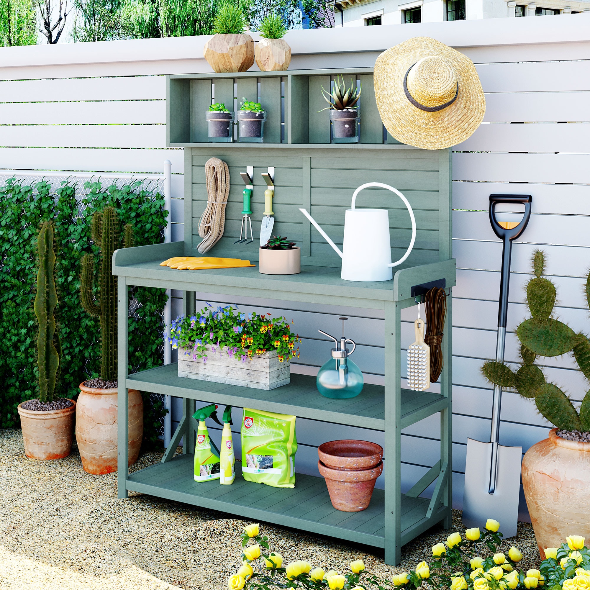 Runesay GARPOTPL-05 Rectangle 19.3-Inches W Medium Green Wood Farmhouse Indoor/Outdoor Planter bench Stand Included