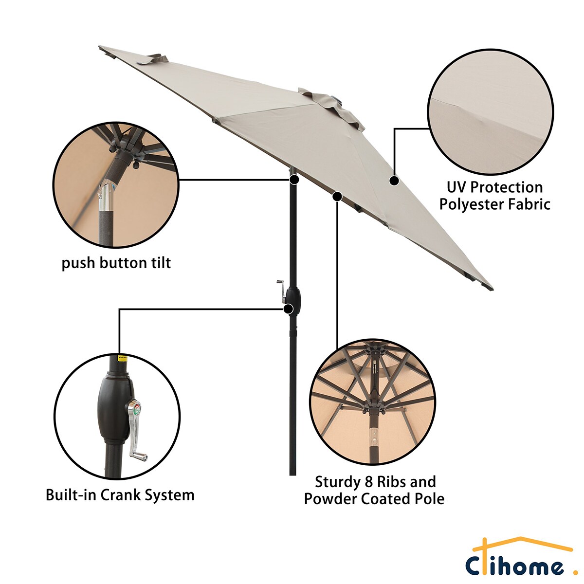 Clihome 9-ft Taupe Push-button Tilt Market Patio Umbrella in the