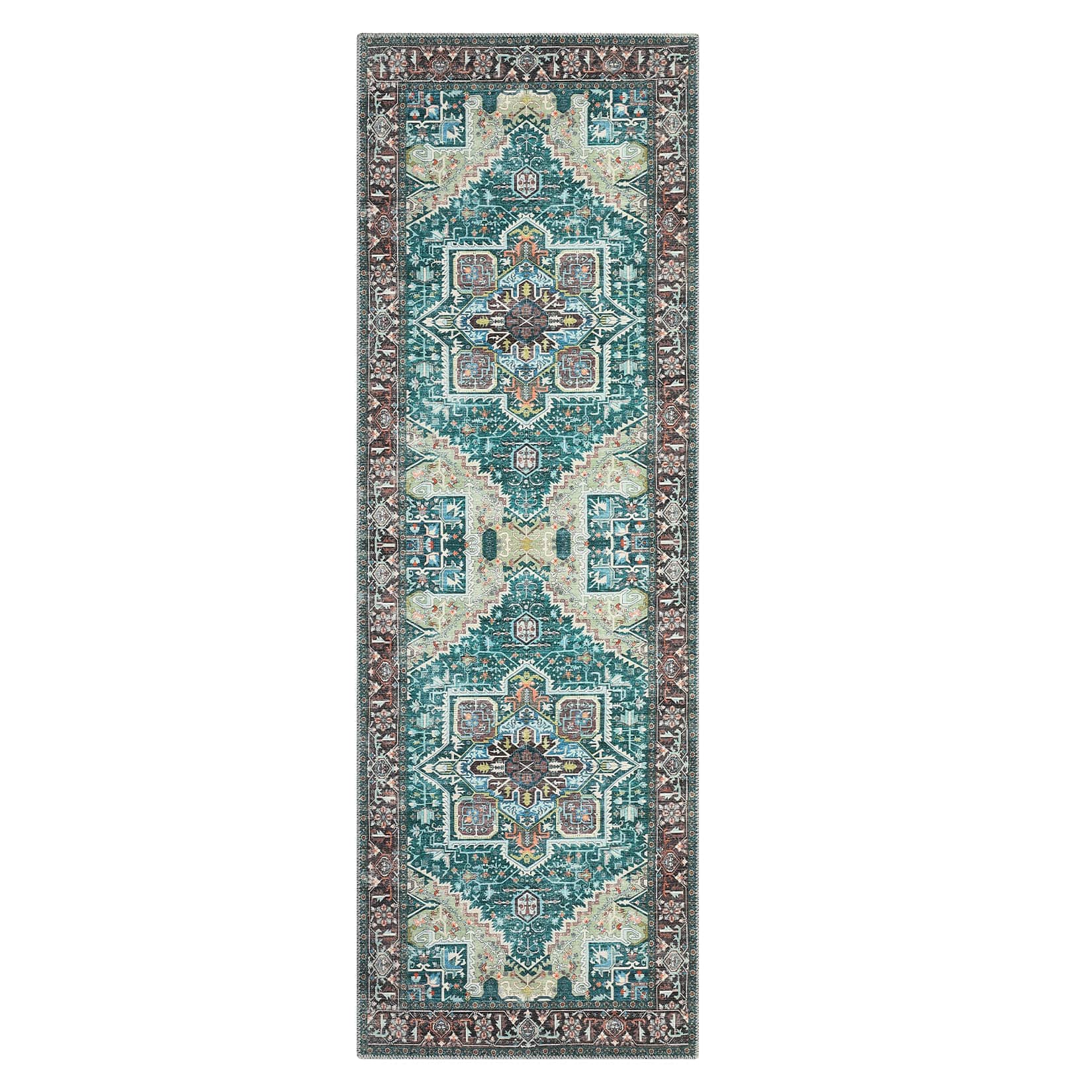 Qeetex LSN-PHO-0YGA27GI 2 x 6 ft Polyester Green Rectangular Hallway Bathroom Entryway Kitchen Office Foldable Flower Printed Persian Washable Area Rug