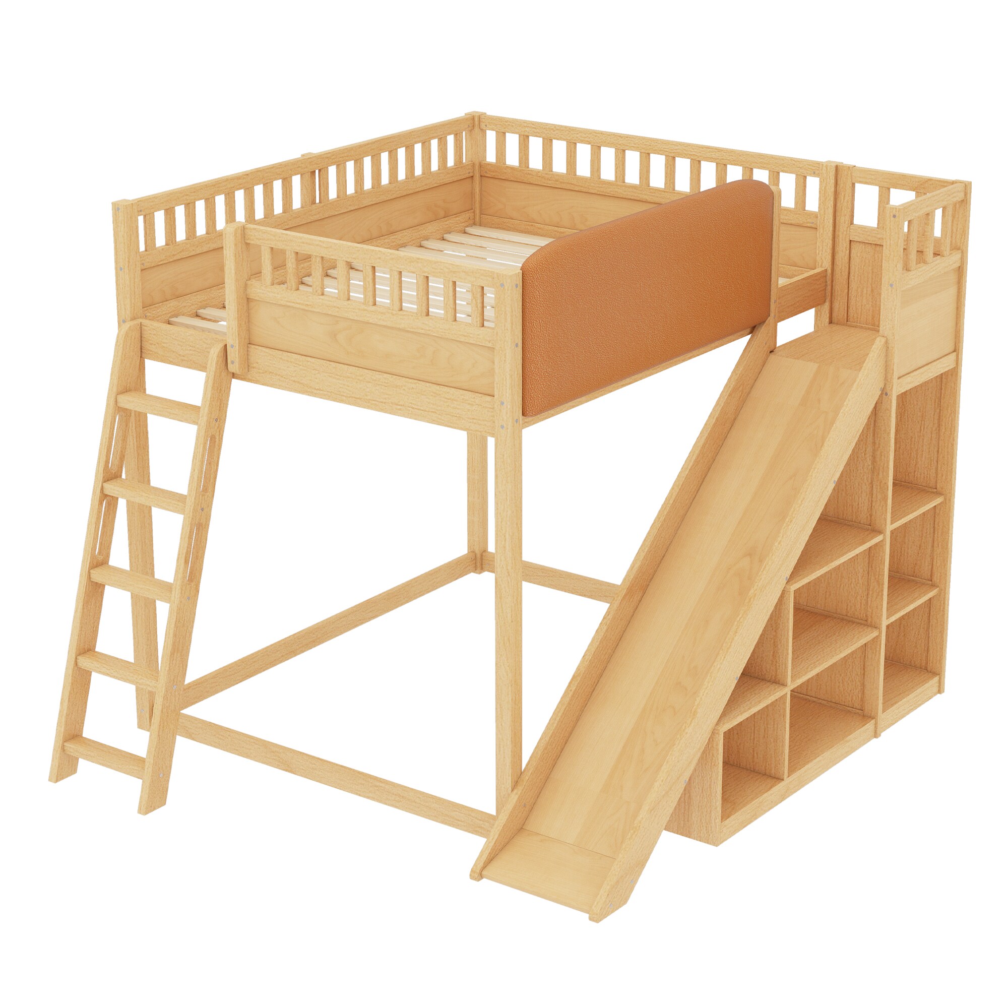 LUXEYARD Full Size Loft Bed with Upholstered Headboard Storage Shelves ...
