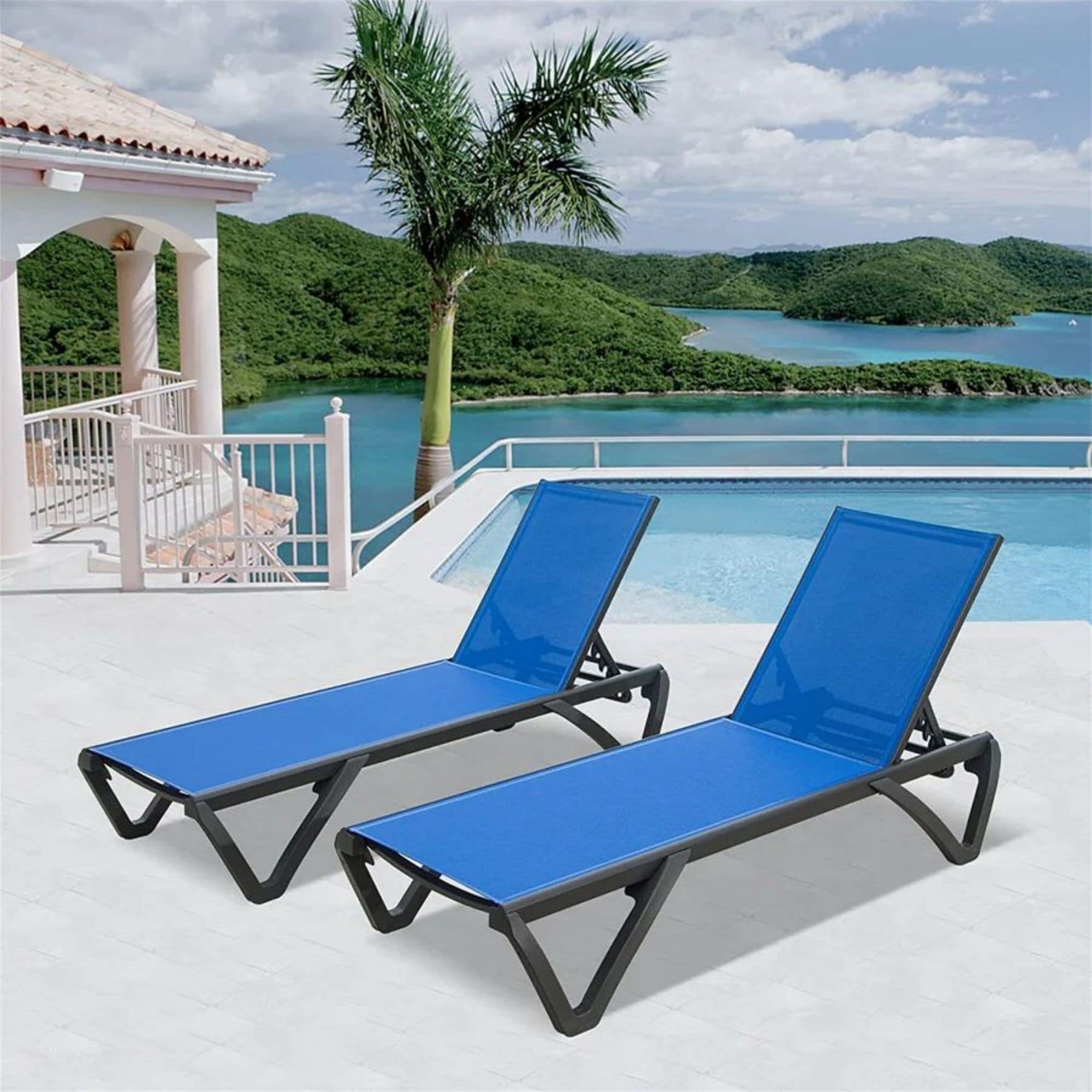Miki Shinly DOL-9838-22MI Set of 2 Chaise Lounge Set of 2 Black Aluminum Frame Stationary Chaise Lounge Chair with Blue Sling Seat