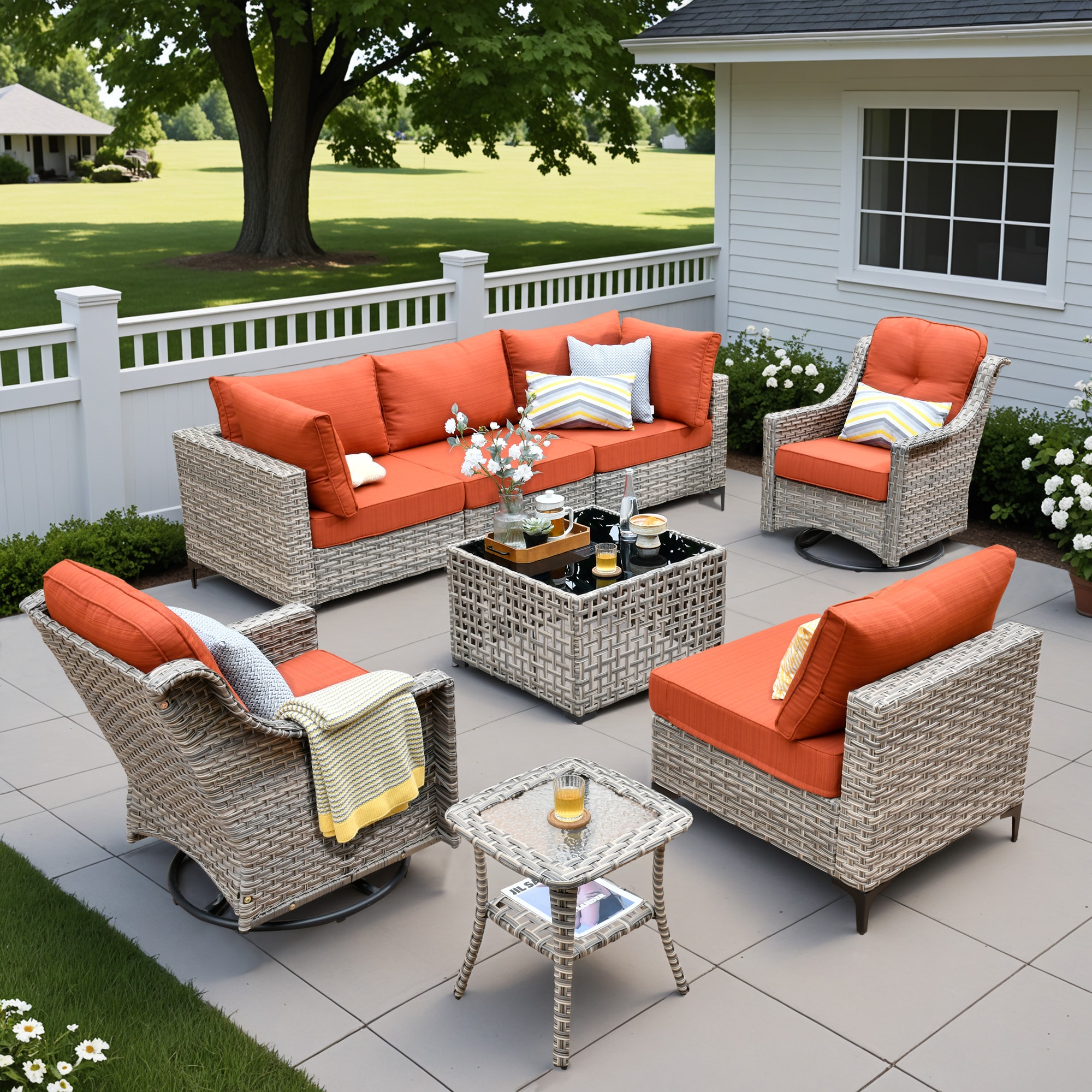 ALTRIGUS 6L-YZSKT808-AL 8 -Piece Wicker Patio Sofa Conversation Set with Orange Cushions