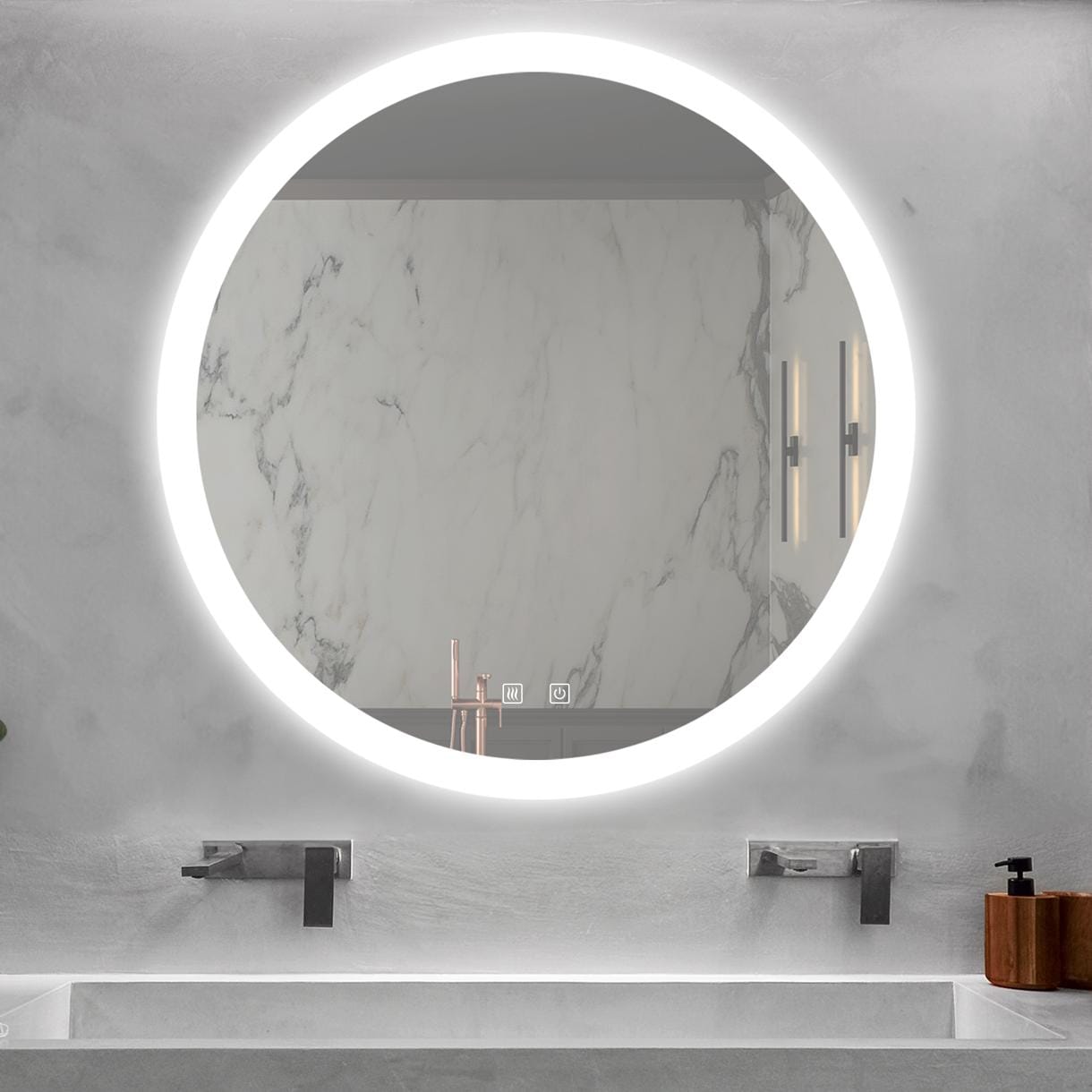 Forclover YOAE41256SL 24-in x 24-in Beveled Frameless Round Dimmable LED Lighted Fog Free Bathroom Vanity Mirror ( White )