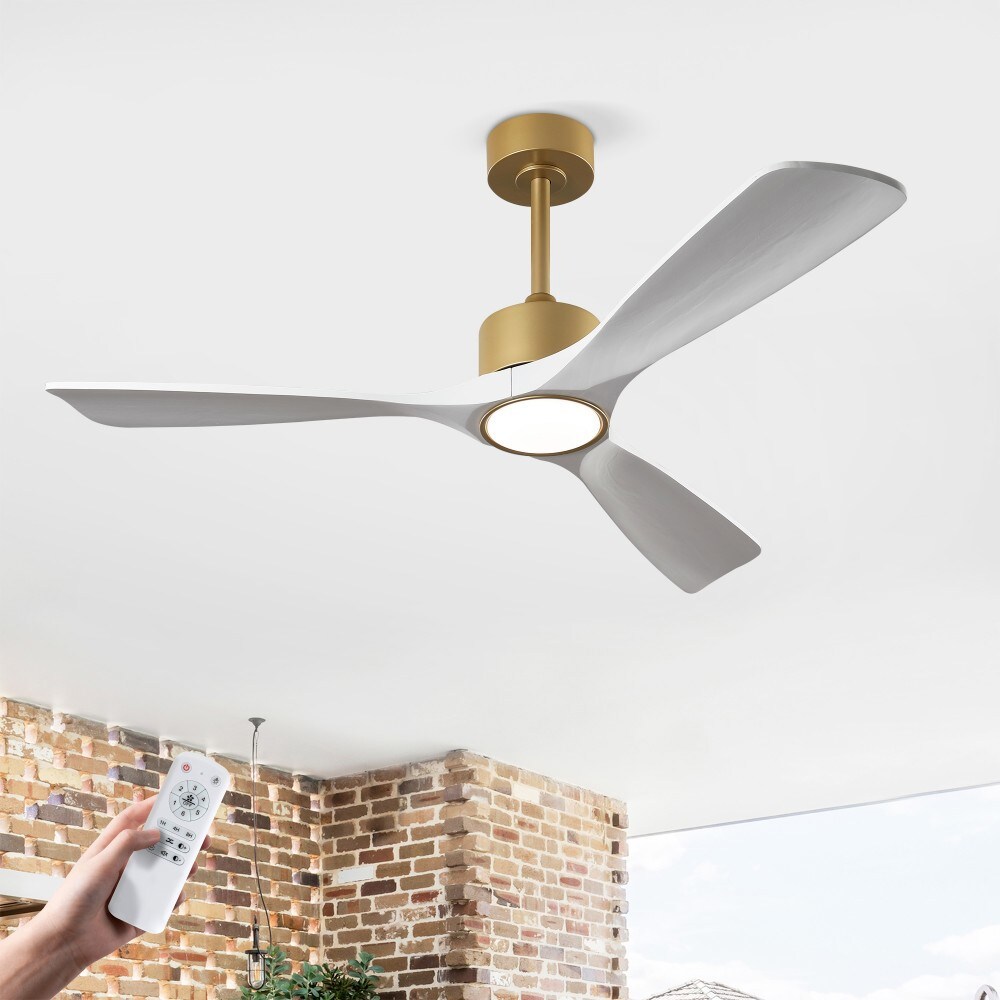 Basdien 52 in Gold White Solid Wood Ceiling Fan with Light Kit Dimmable LED DC Motor 6 Speed Remote Control Timer for Patio Living Room Bedroom Office Indoor Energy Efficient Easy Install 3 Rods Farmhouse Industrial Low Profile Home Decor