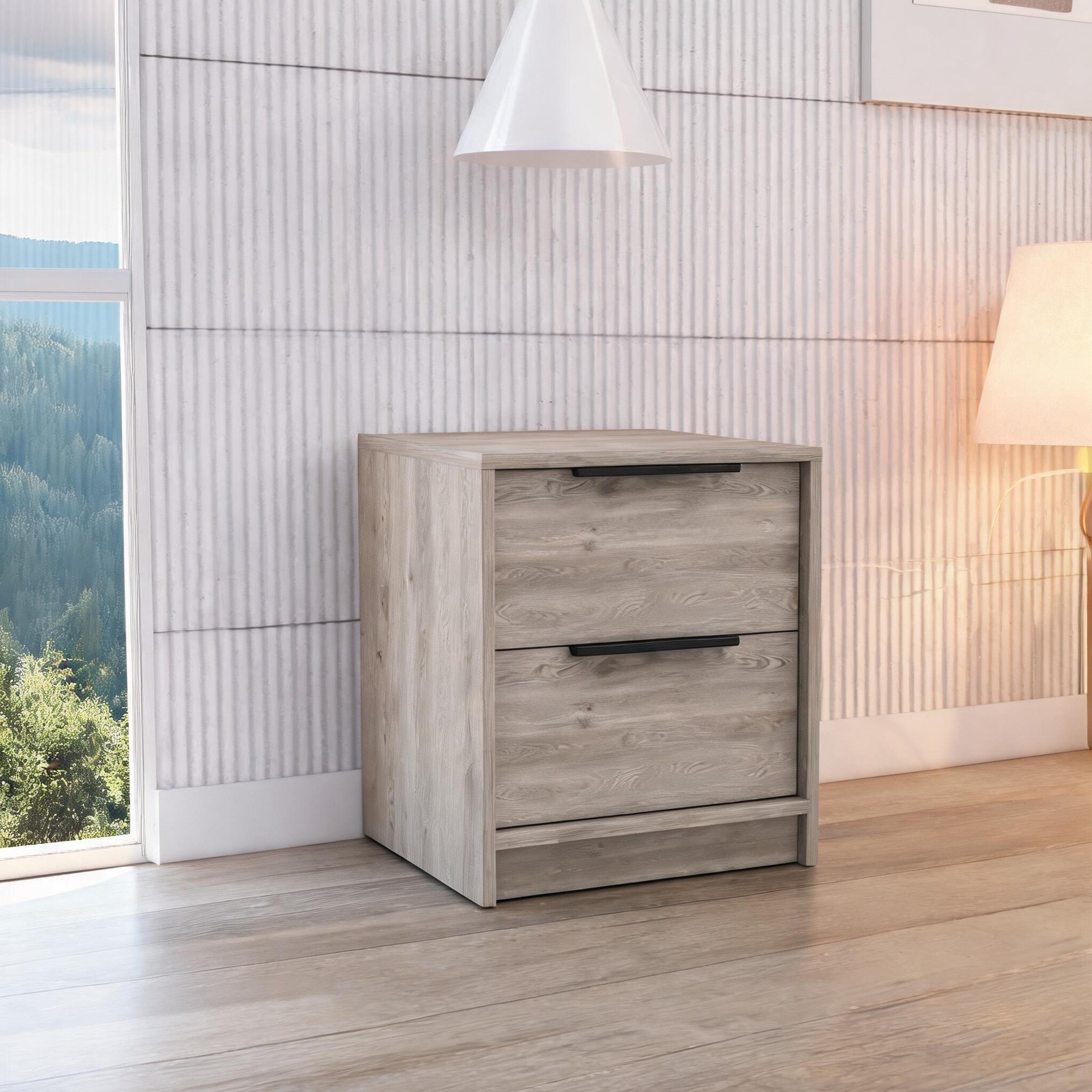 Neutral Gray Particle Board Nightstand with Two Drawers Compact Bedside Storage Classic Style