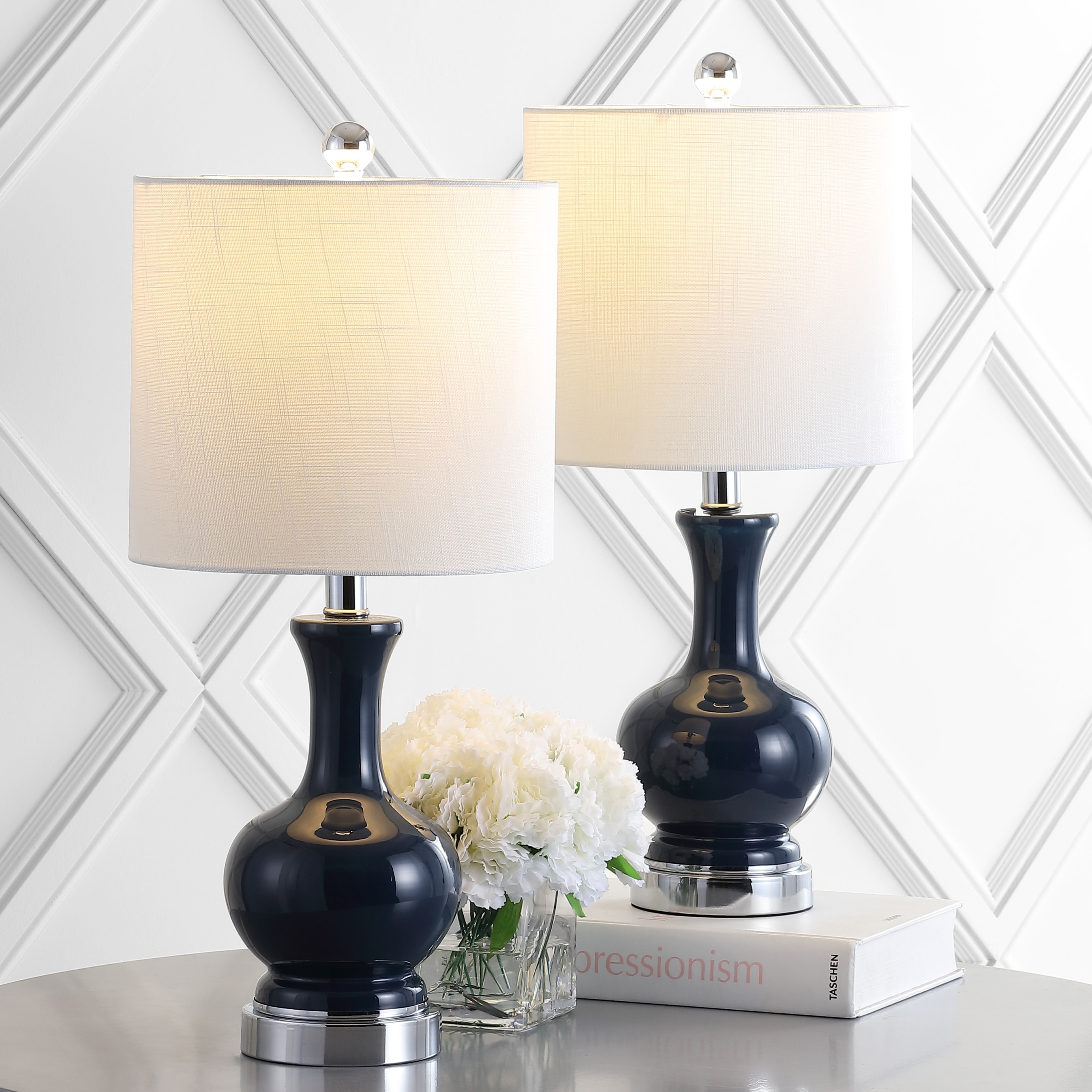 JONATHAN  Y JYL4033C-SET2 Cox Glass/Metal Transitional 21.5-in Navy/Chrome LED Incandescent Rotary socket Table Lamp with Linen Shade
