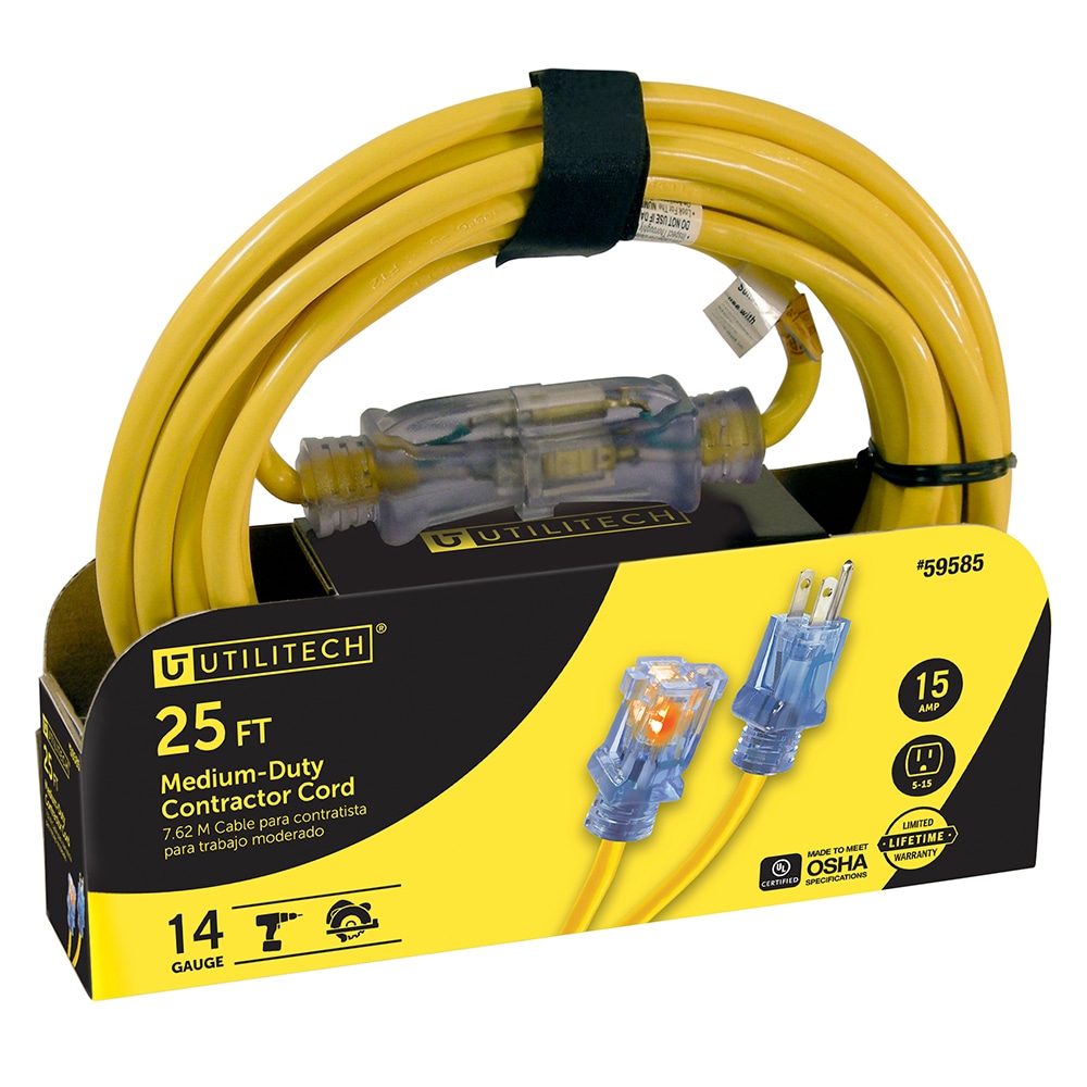 Utilitech UTP511725 Outdoor 25-ft 14 / 3 3 Prong Yellow Outdoor SJTW Medium Duty Lighted Extension Cord