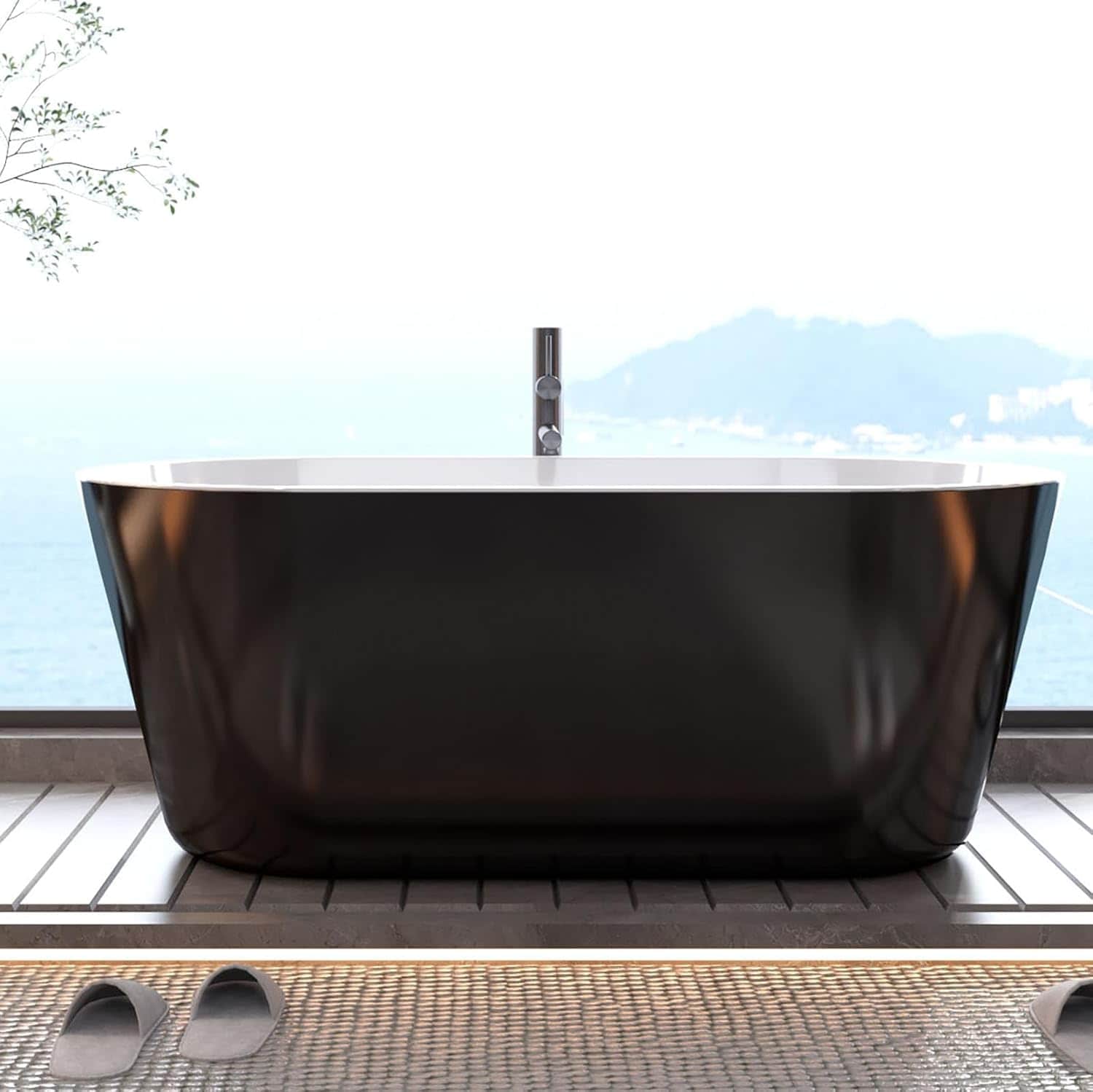 Qeetex PHO0ZSY9PRQ 59 inch Acrylic Freestanding Bathtub Contemporary Stand Alone Tub Black Soaking Tub Oval Bathtub with Chrome Overflow and Drain CUPC Certified