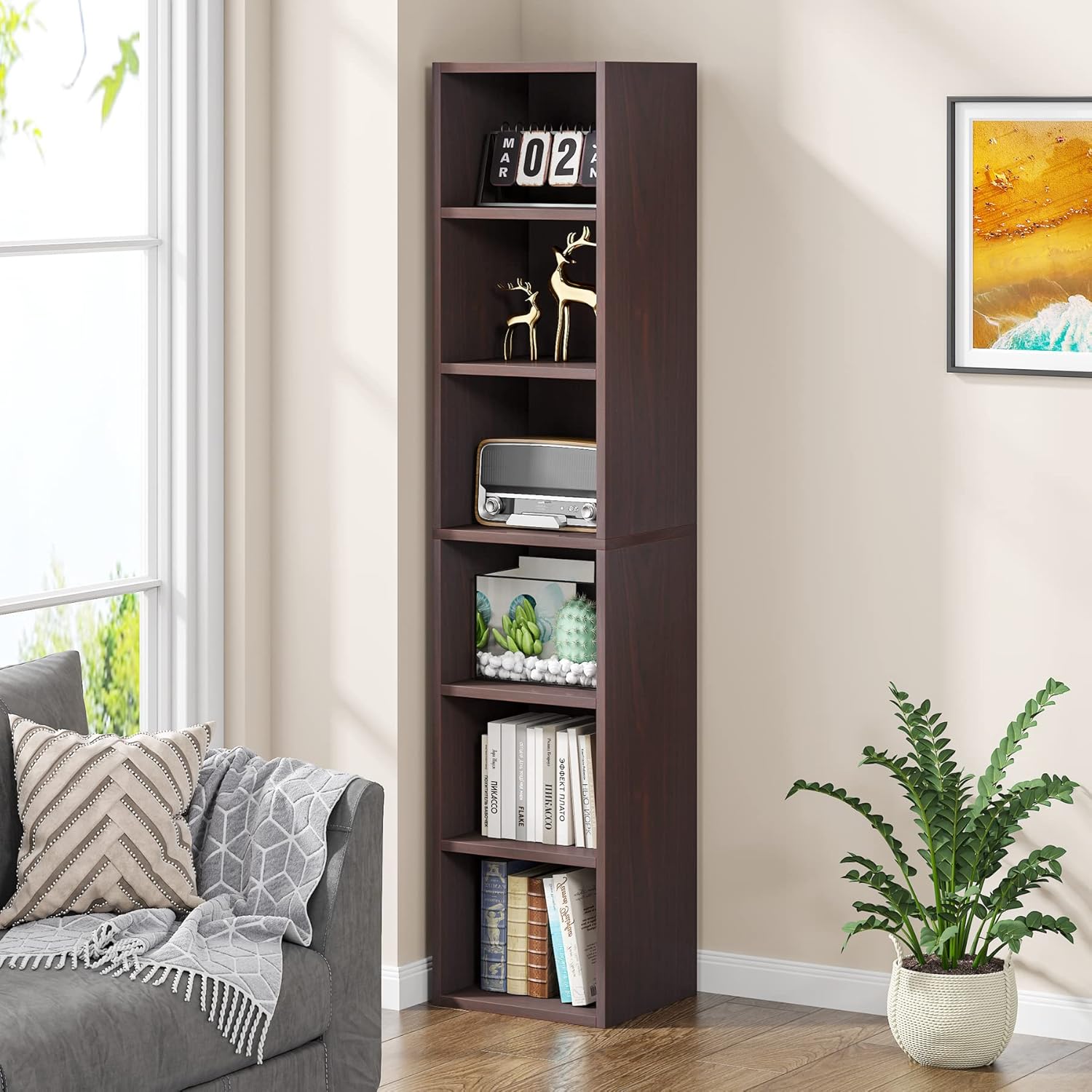 Tribesigns -  70.9 inch Tall Narrow Bookcase Corner Bookshelf 6 Tier Cube Display Shelf Storage O...