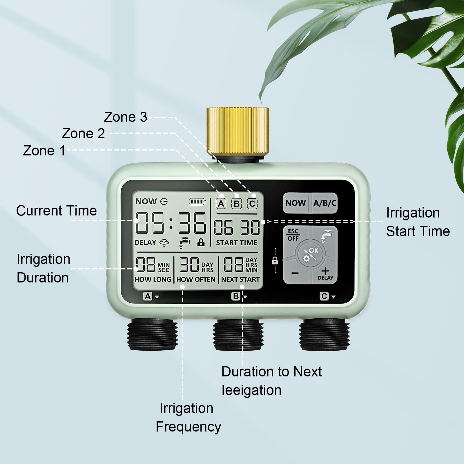 Etokfoks Programmable 3 Zone Watering Timer with Brass Inlet Rain Delay ...