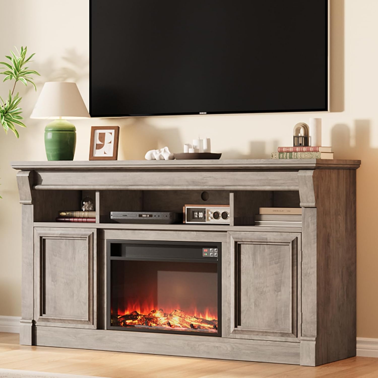 IdealHouse 58 in Farmhouse Electric Fireplace TV Stand for TV Up to 65 in Entertainment Center with 30 in Fireplace Console Table TV Cabinet with Open Storage Shelves for Living Room