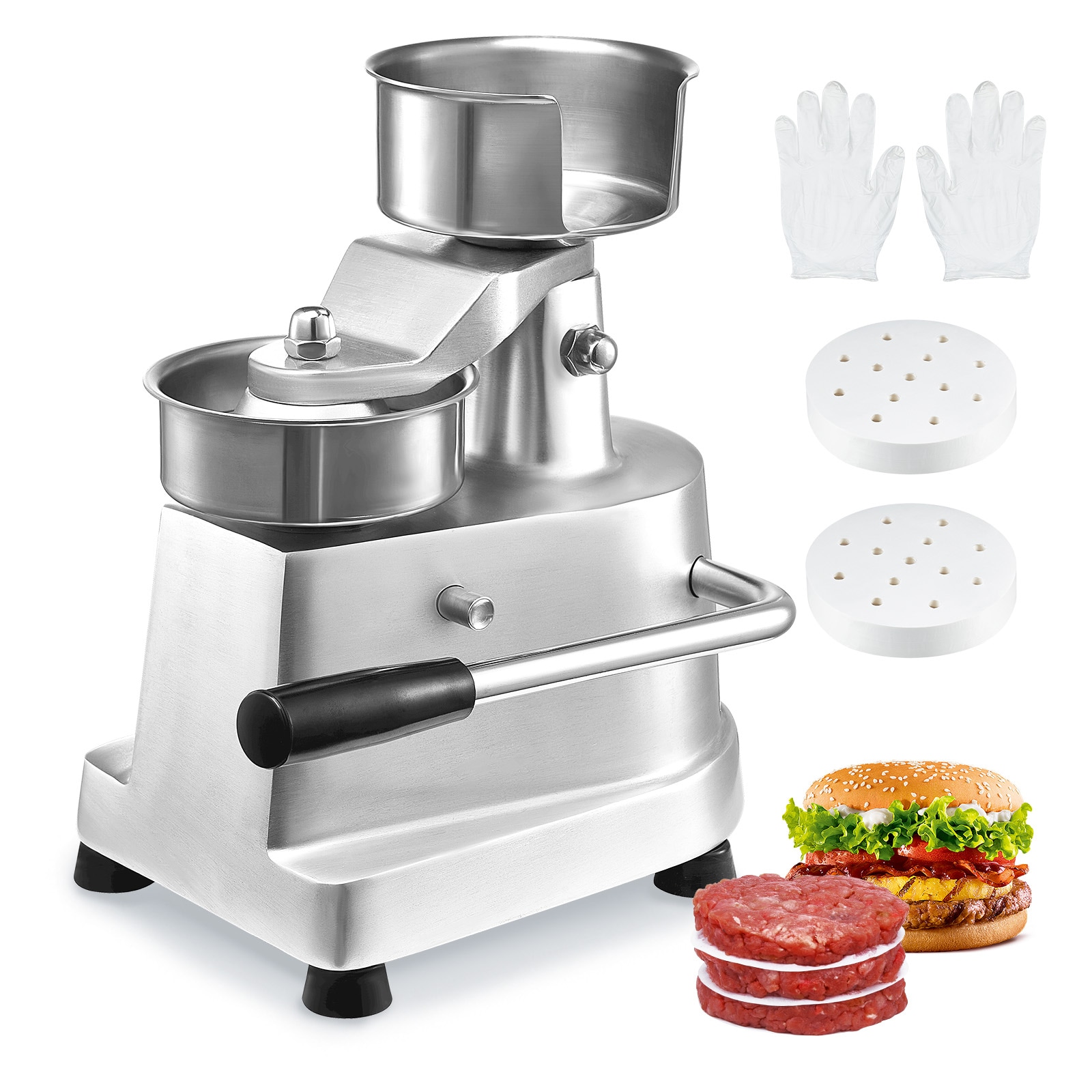 VEVOR SCHBRBJYSZLB03232V0 Commercial Burger Patty Maker 100mm/4inch Hamburger Beef Patty Maker Heavy Duty Food-Grade Stainless Steel Bowl Burger Press Machine Kitchen Meat Forming Processor with 1000 Pcs Patty Papers