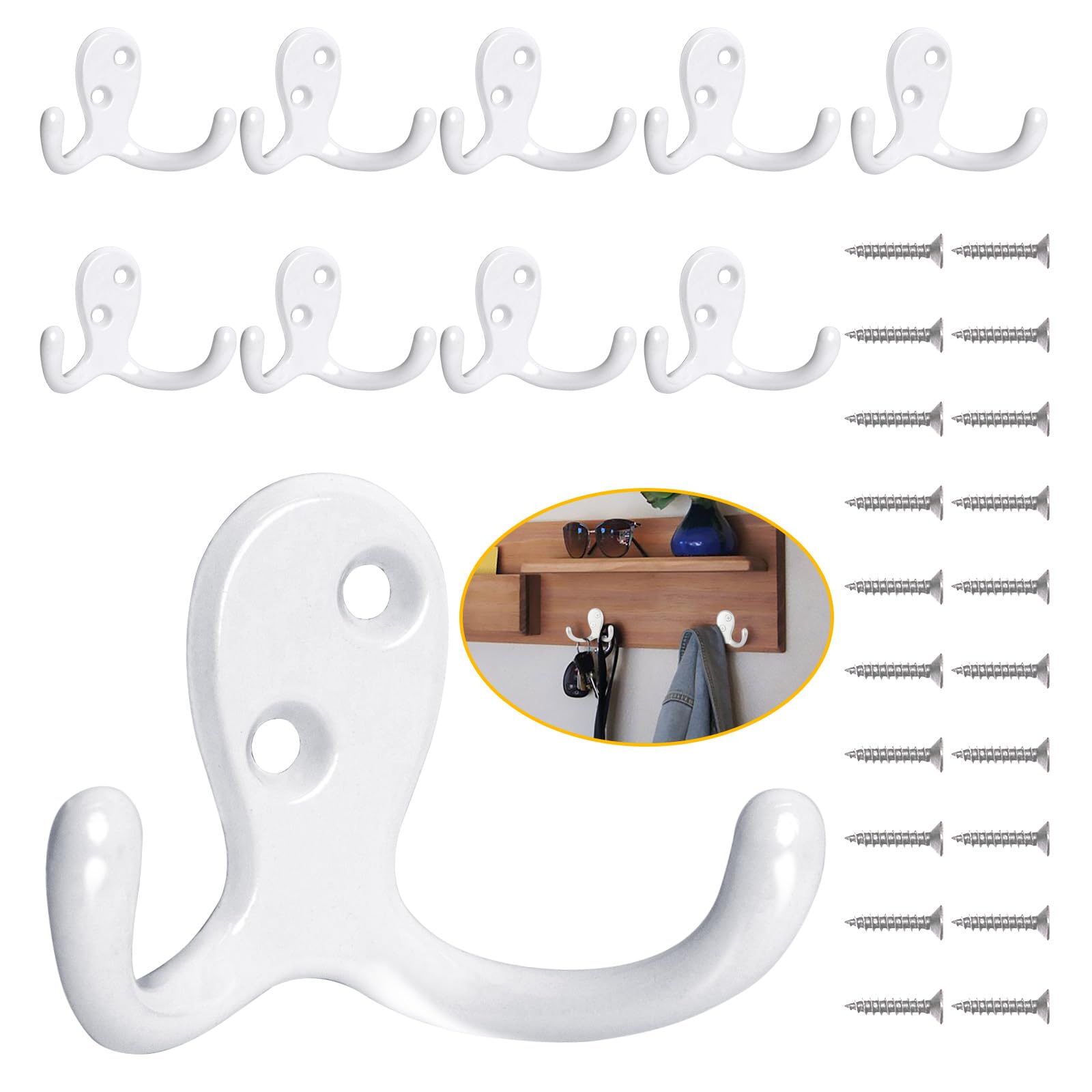 UUDULY  10 Pack Heavy Duty Double Prong Coat Hooks Wall Mounted White Metal Hooks for Hanging Towels Coats Bags Hats Keys