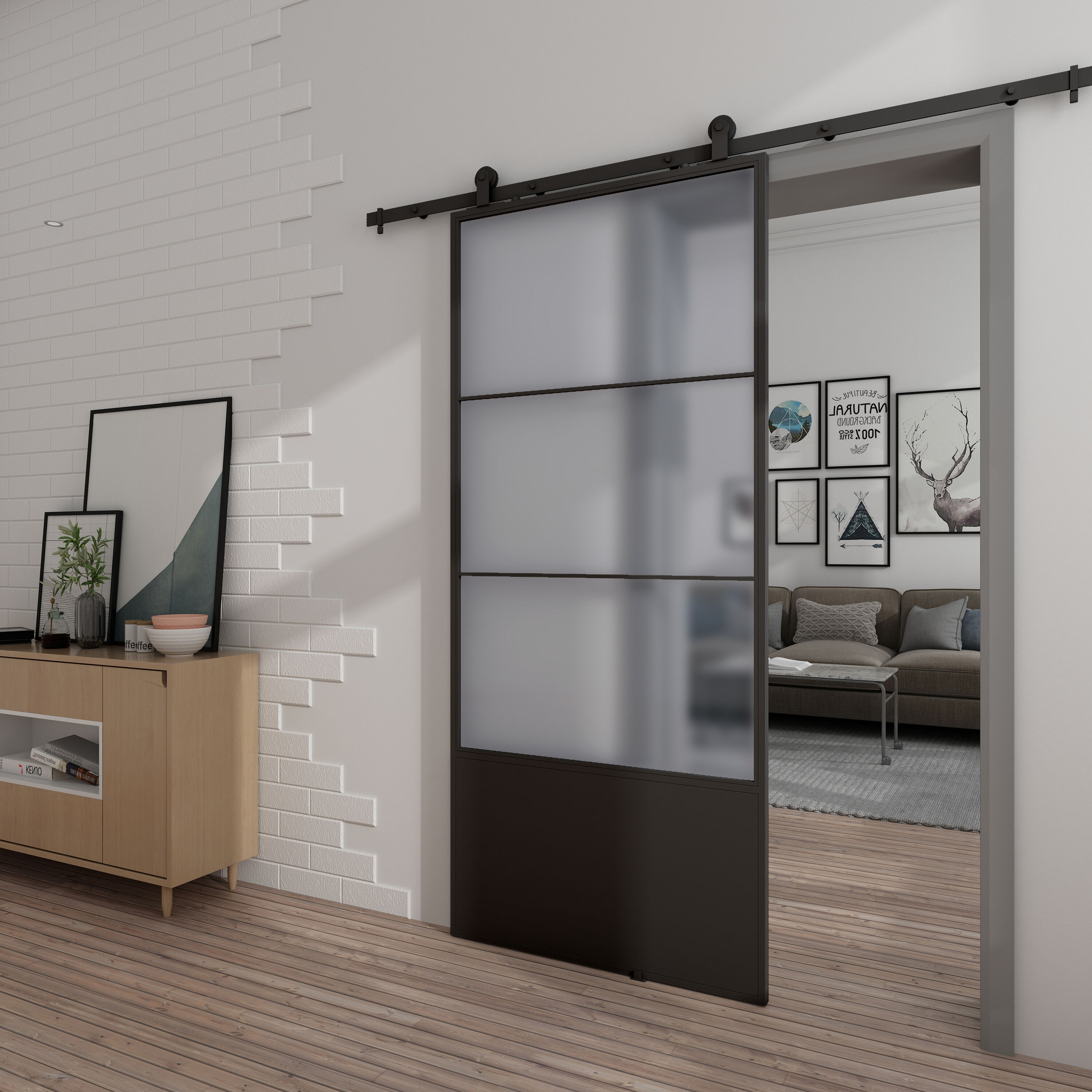 RELIABILT 37-in x 84-in Black Frosted Glass Steel Single Barn Door ...