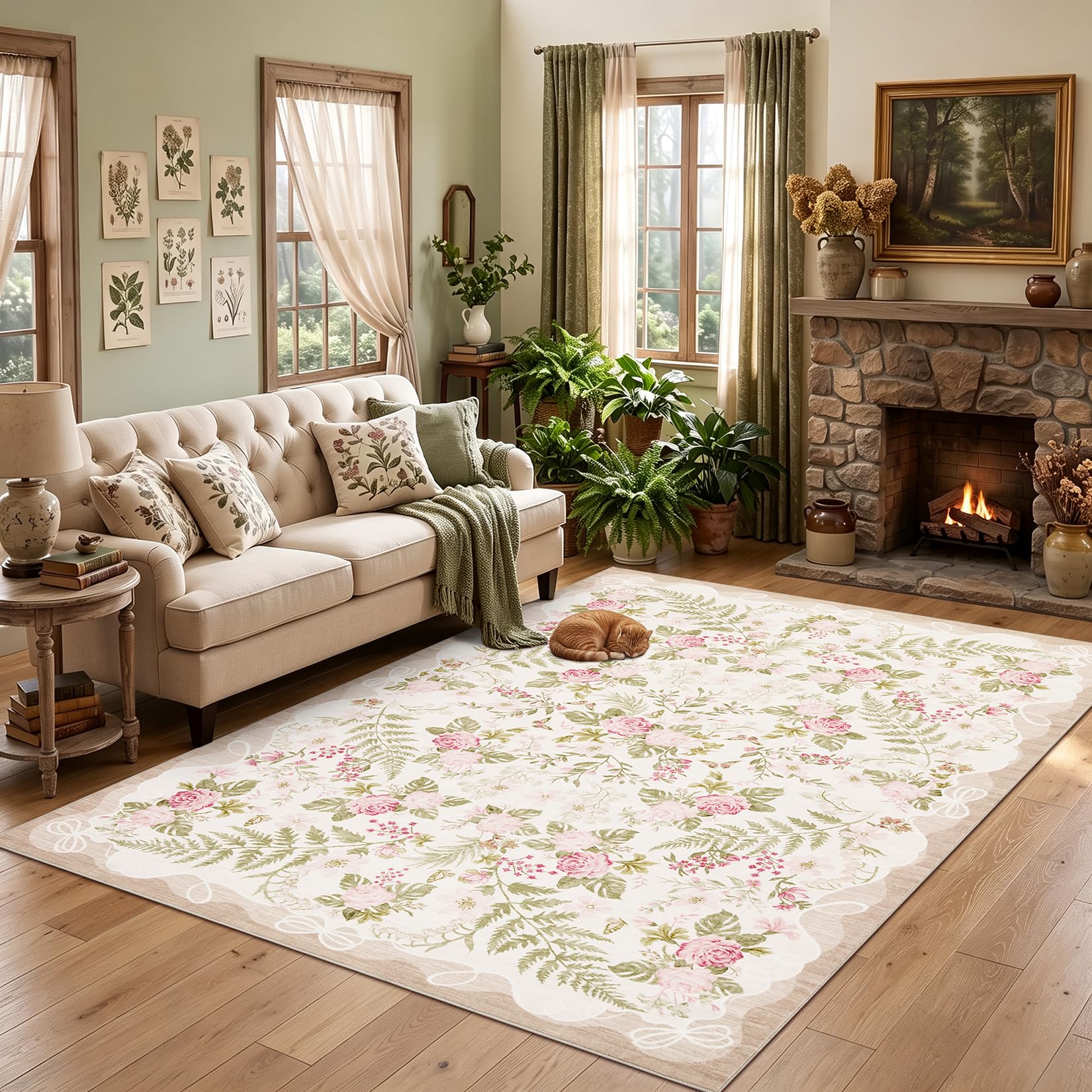 Aoile 9 x 12 ft Beige Pink Washable Floral Living Room Rugs Indoor ...