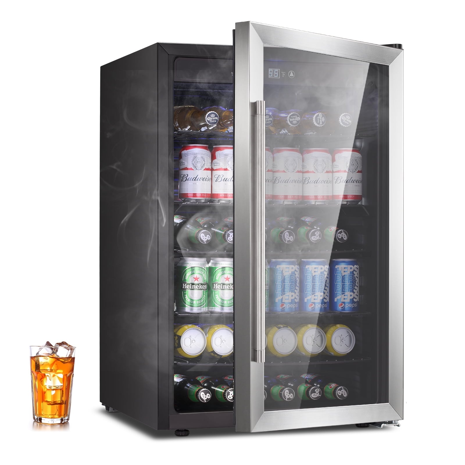 COWSAR W58128SSH 20.28-Inches W 126 -Can Capacity Clear Glass Freestanding Indoor Beverage Refrigerator with Glass Door