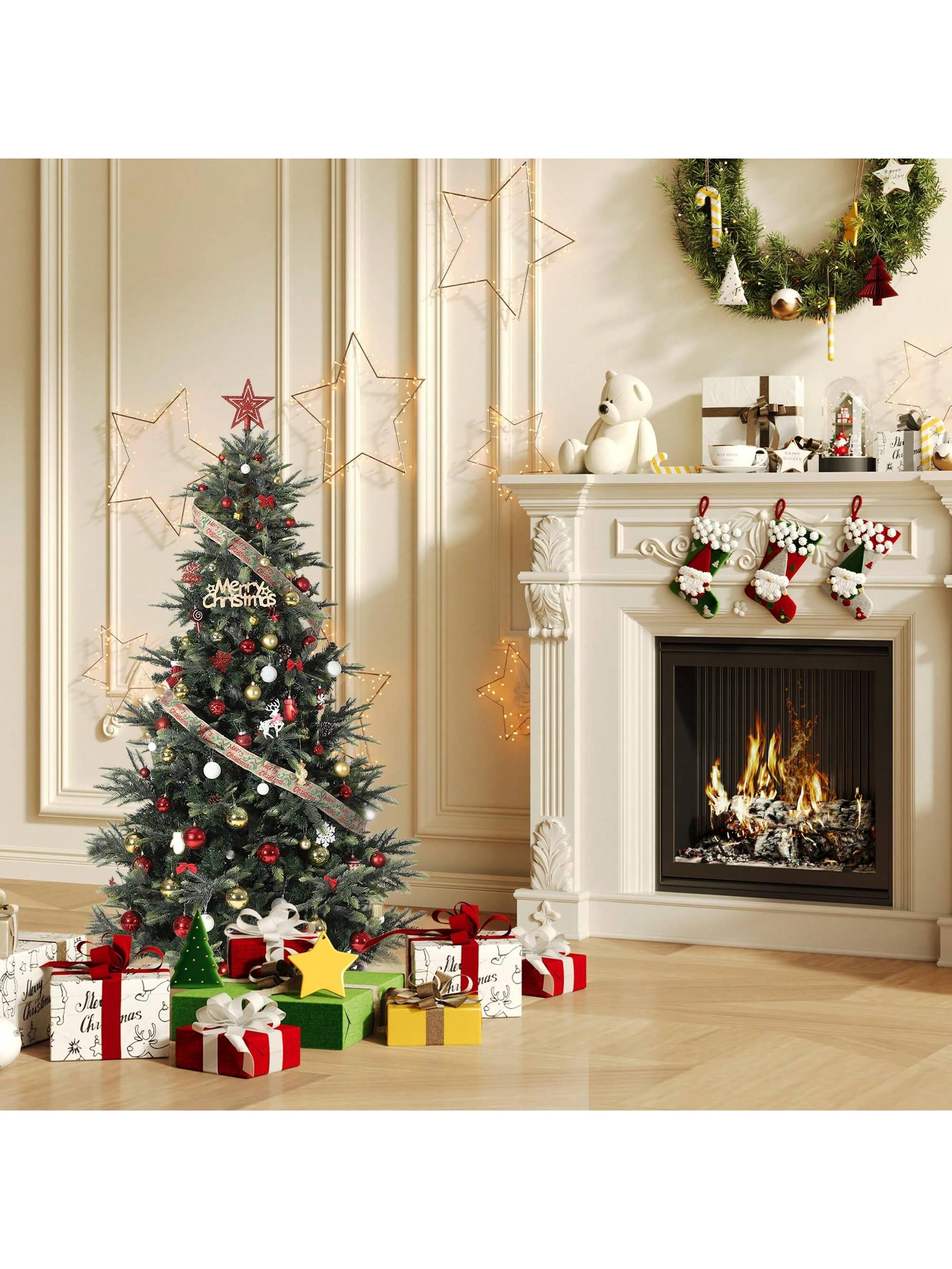 Qeetex DSDS-W6F91737 4.5 FT Artificial Pre lit Mini Christmas Tree Green PVC Christmas Tree with 250 Warm White Lights for Home Office and Xmas Party Décor Includes Stand