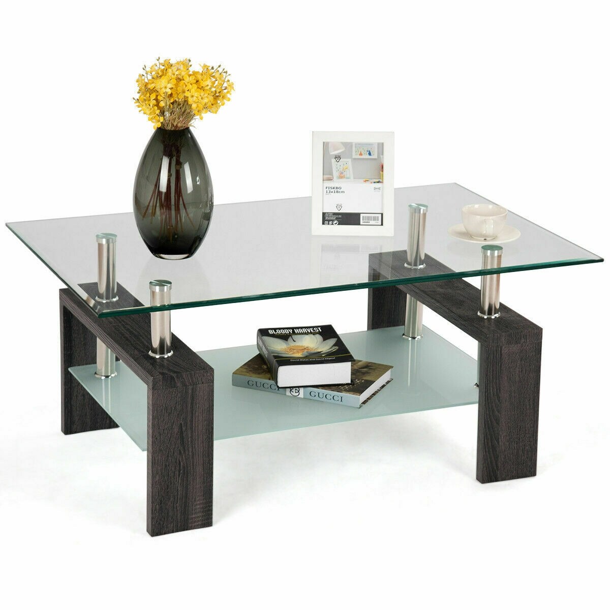 CASAINC WF-HYSN-66356BK Coffee table with shelf Black Glass Modern Coffee Table with Storage