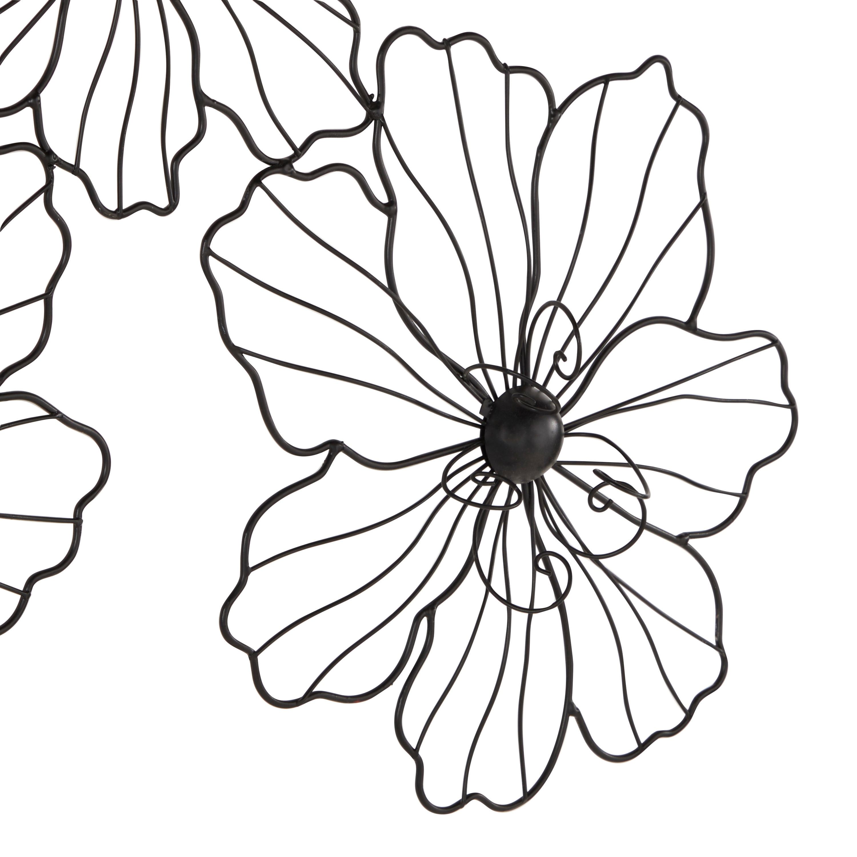 Black Metal Floral Wire Wall Sculpture with Scroll Accents