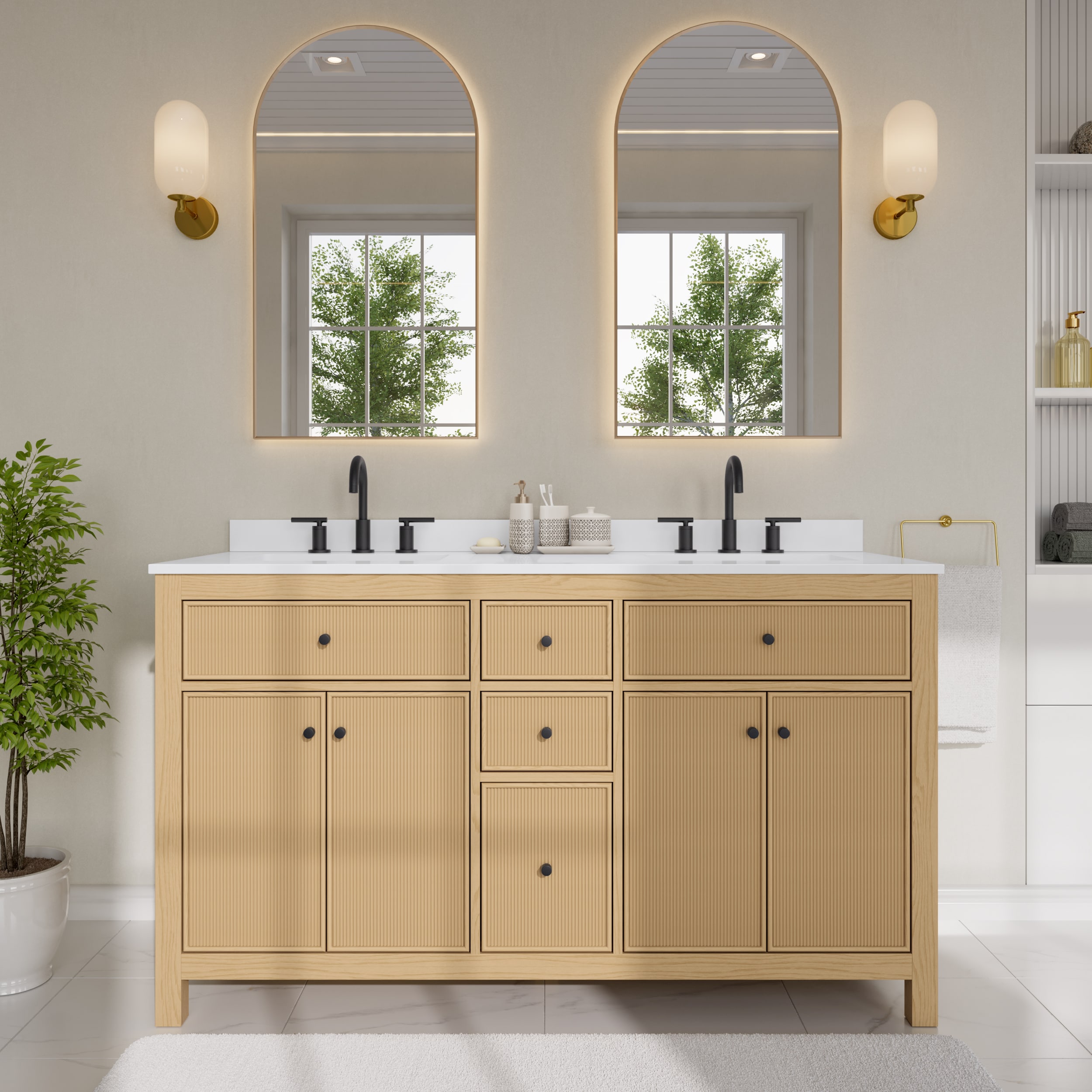 Wyndham Collection Pendry 60-in Tanned Oak with Matte Black Trim Undermount Double Sink Bathroom Vanity with White Quartz Quartz Top