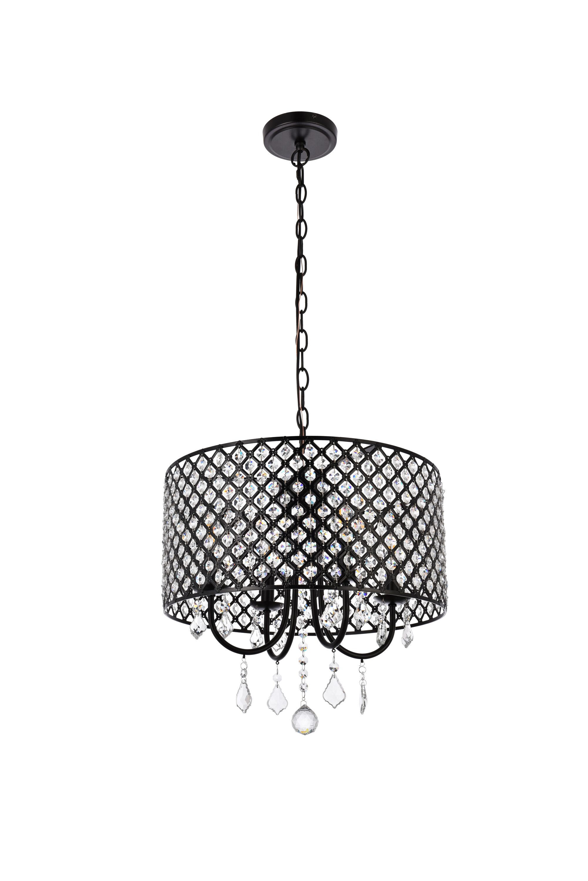 Elegant Crystal and Iron Black Drum Pendant with Lattice Shade