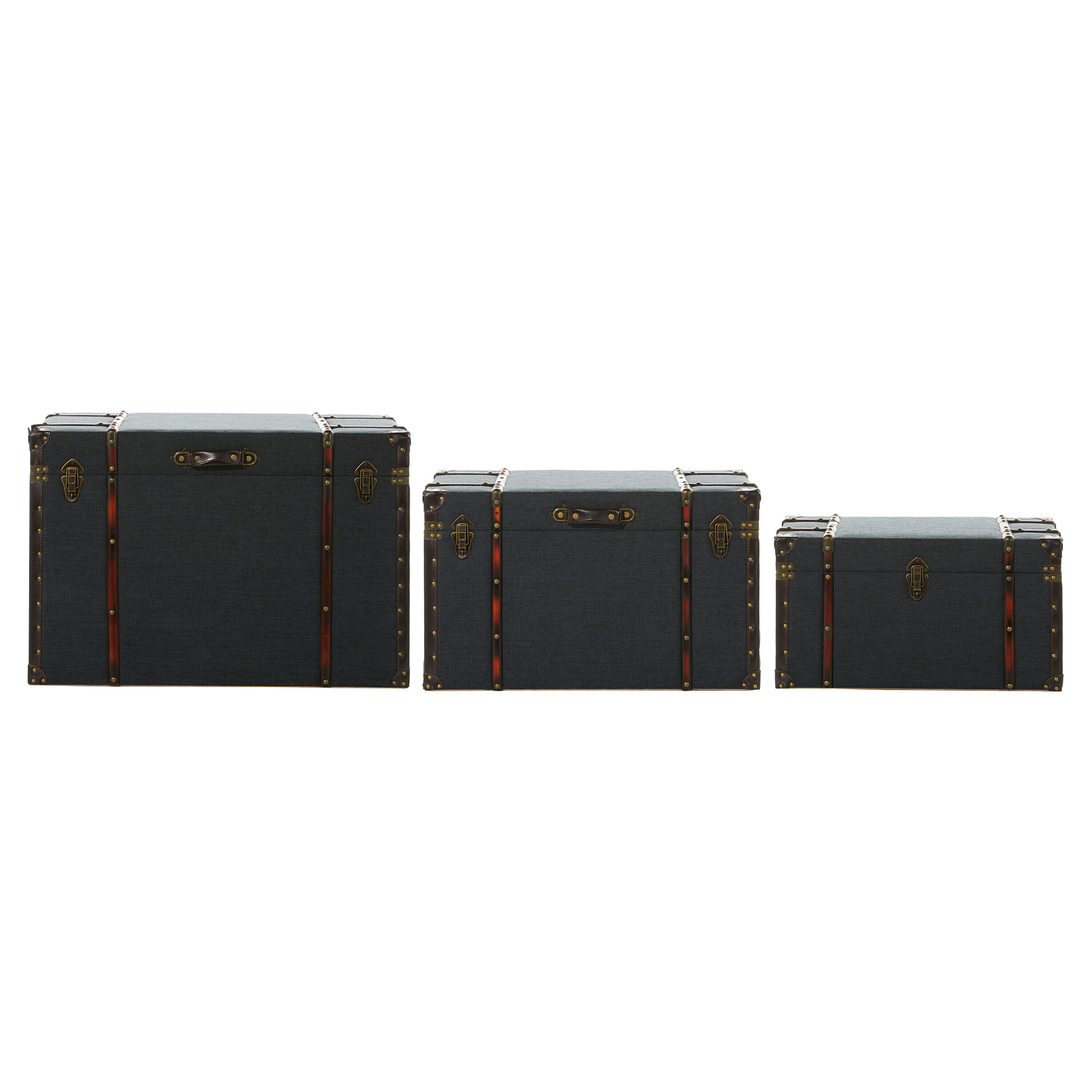 Blue Linen and Brass Accented Nesting Storage Trunks, Set of 3