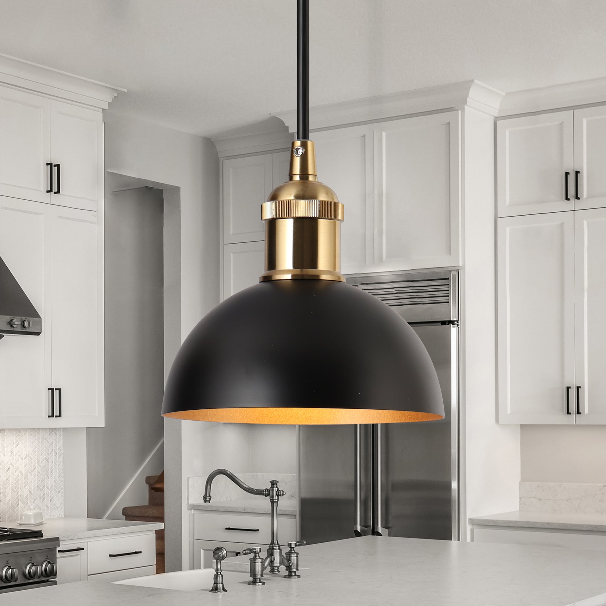 ZEVNI L36BEJU2W4702SX7 Meshaz Industrial Matte Black/Polished Gold Transitional Dome Mini Hanging Kitchen island light