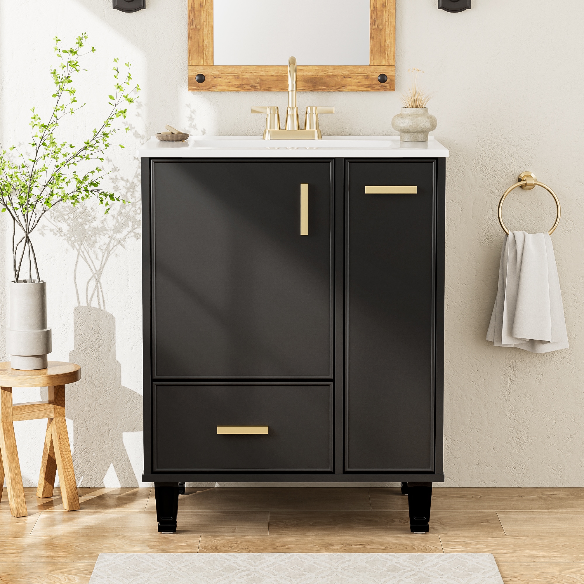Tatayosi JJ-69734B 24inch Black Bathroom Vanity with Sink Door Shelf Deep Drawer 2 Tier Pull Out Basket Solid Wood Frame MDF Board One Package