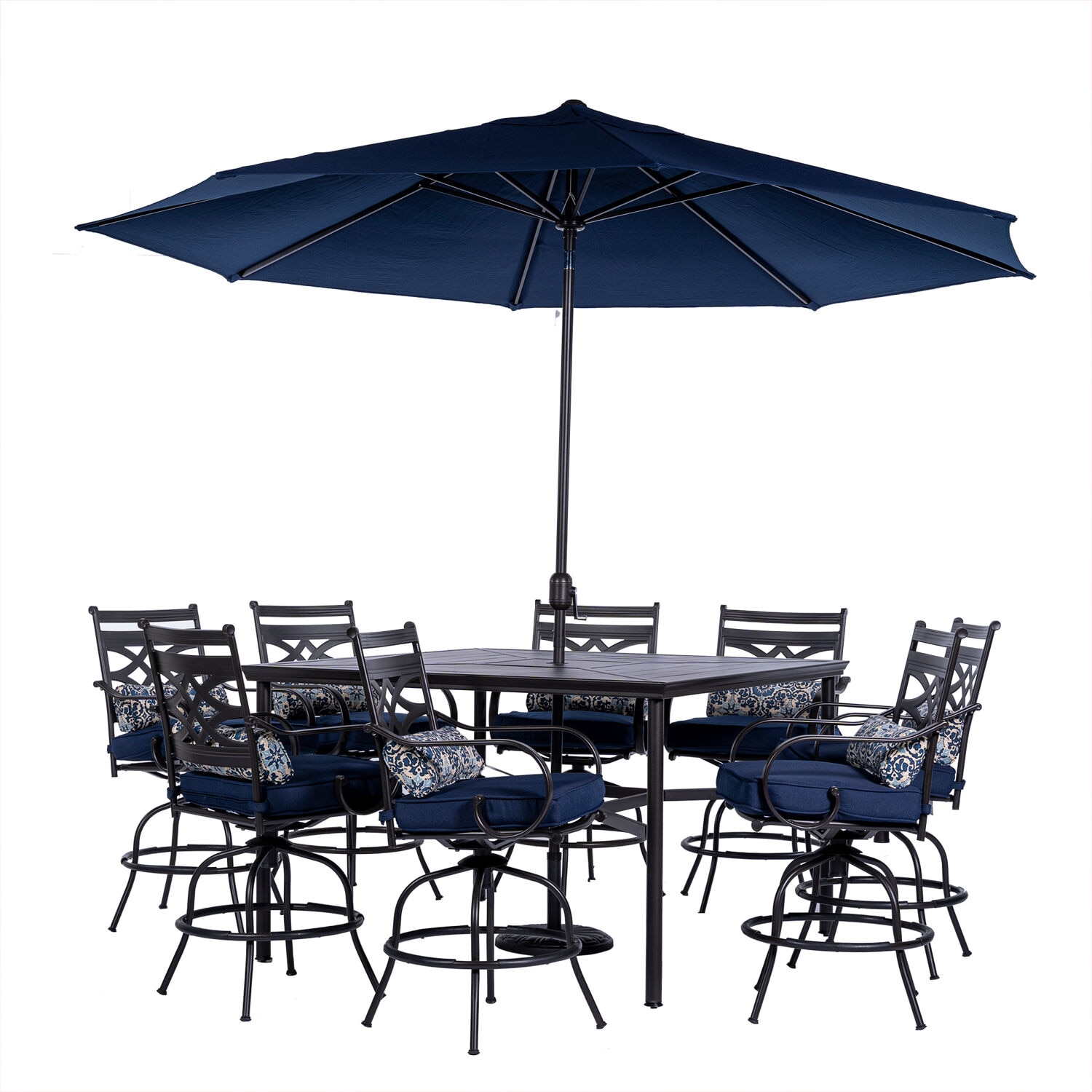 Hanover MCLRDN9PCBRSW8-SU-N Montclair 10 -Piece Dark Brown Bar Height Patio Dining Set Steel Square Table with 8 Navy Cushions Swivel Chairs and Umbrella Included