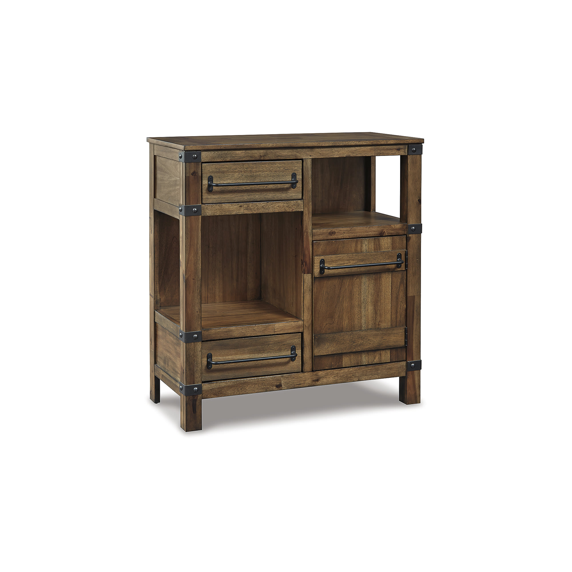 Signature Design by Ashley T411-40 Roybeck Light Brown Bronze Accent Cabinet with 2 Drawers and Display Shelves