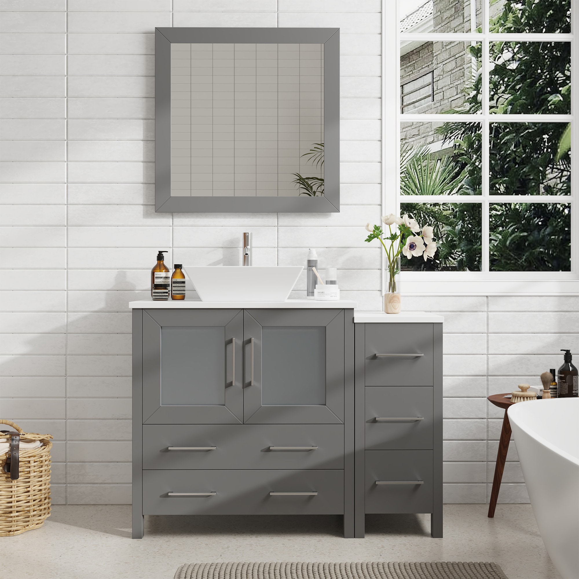 Vanity Art VA3130-42G Ravenna 42-in Grey Single sink Bathroom Vanity with White Engineered marble Top (Mirror Included)