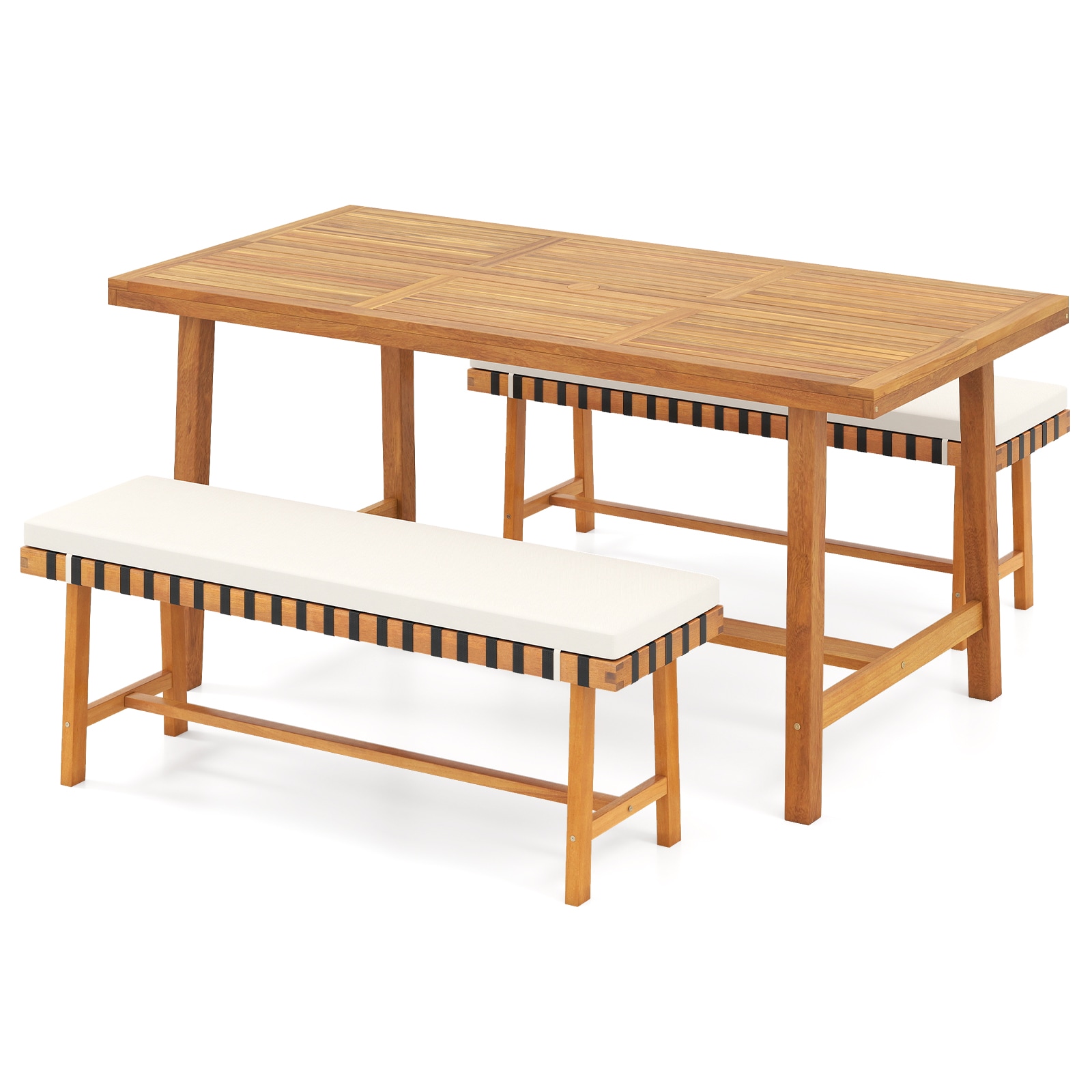 Ayelon 3 -Piece Natural Patio Dining Set Wood Rectangle Table with 2 Off-white Cushions Stationary Chairs