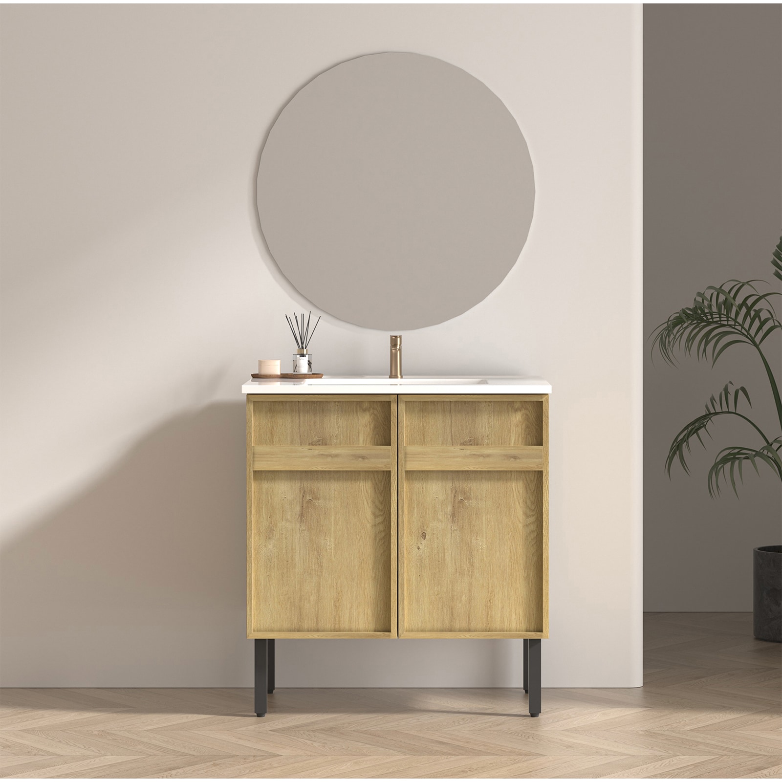 Dexmalle 30inch floor-standing bathroom vanity with 3D grooved panel and integrated ceramic sink #W3520S00050