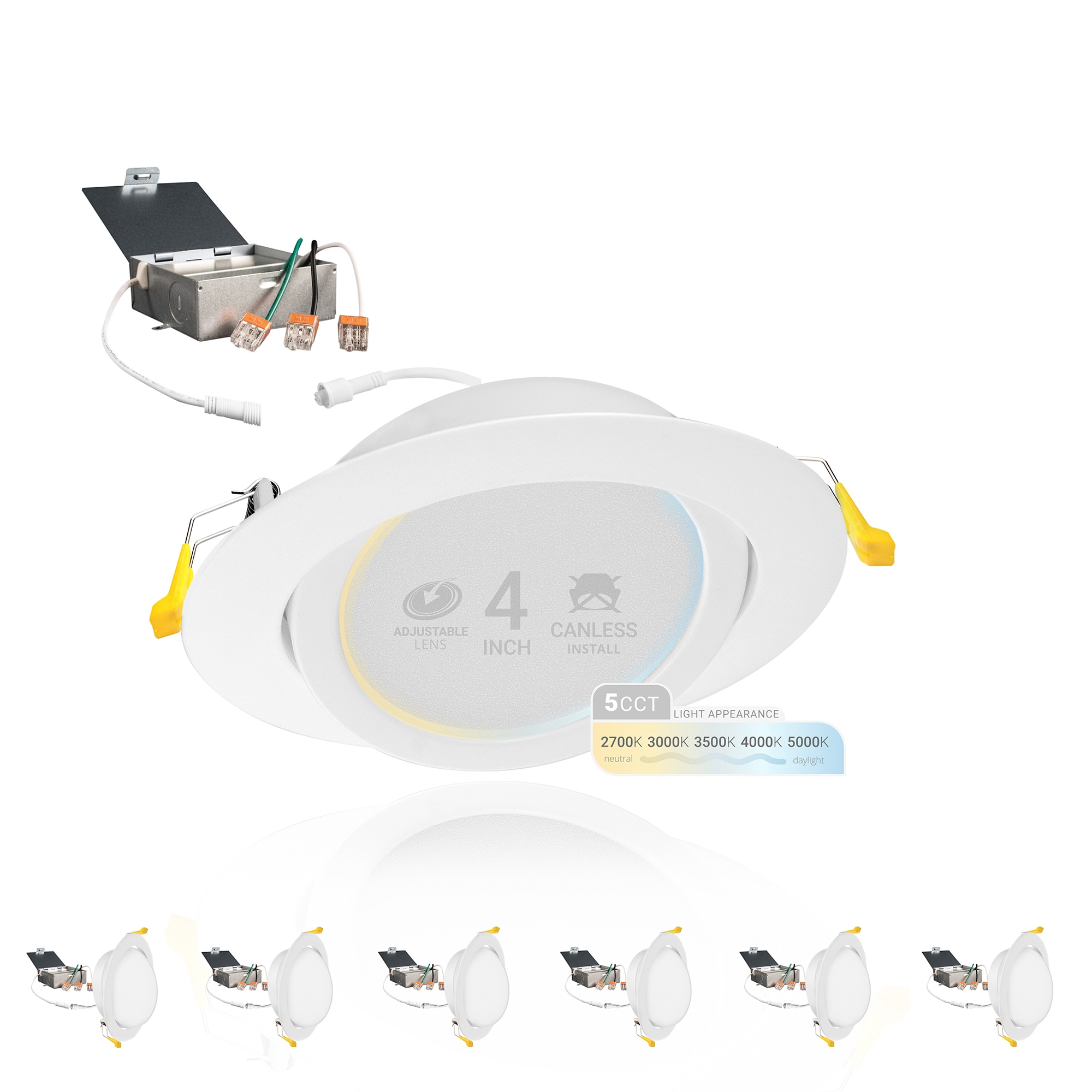NUWATT NW-P-ADJDL49W5CTWH6P Ultra Slim Gimbal Adjustable Lens White 4-in 630 -Lumens Switchable Round Dimmable LED Canless Damp rated Recessed Downlight 6 -Pack