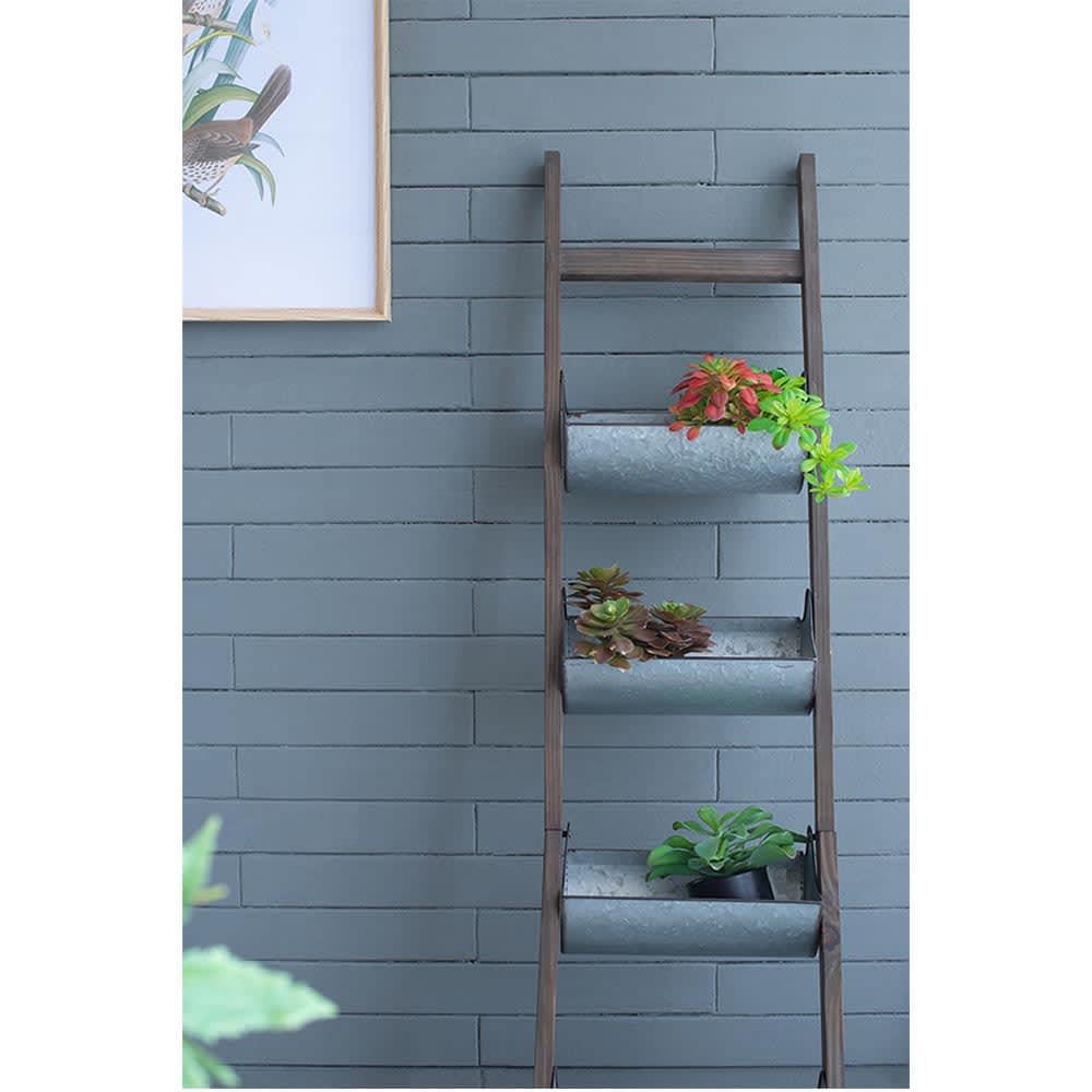 JUJABU ZJURN PLANTER-11 Antique Gray Farmhouse Foldable Reed Galvanized and Wood Ladder Planter
