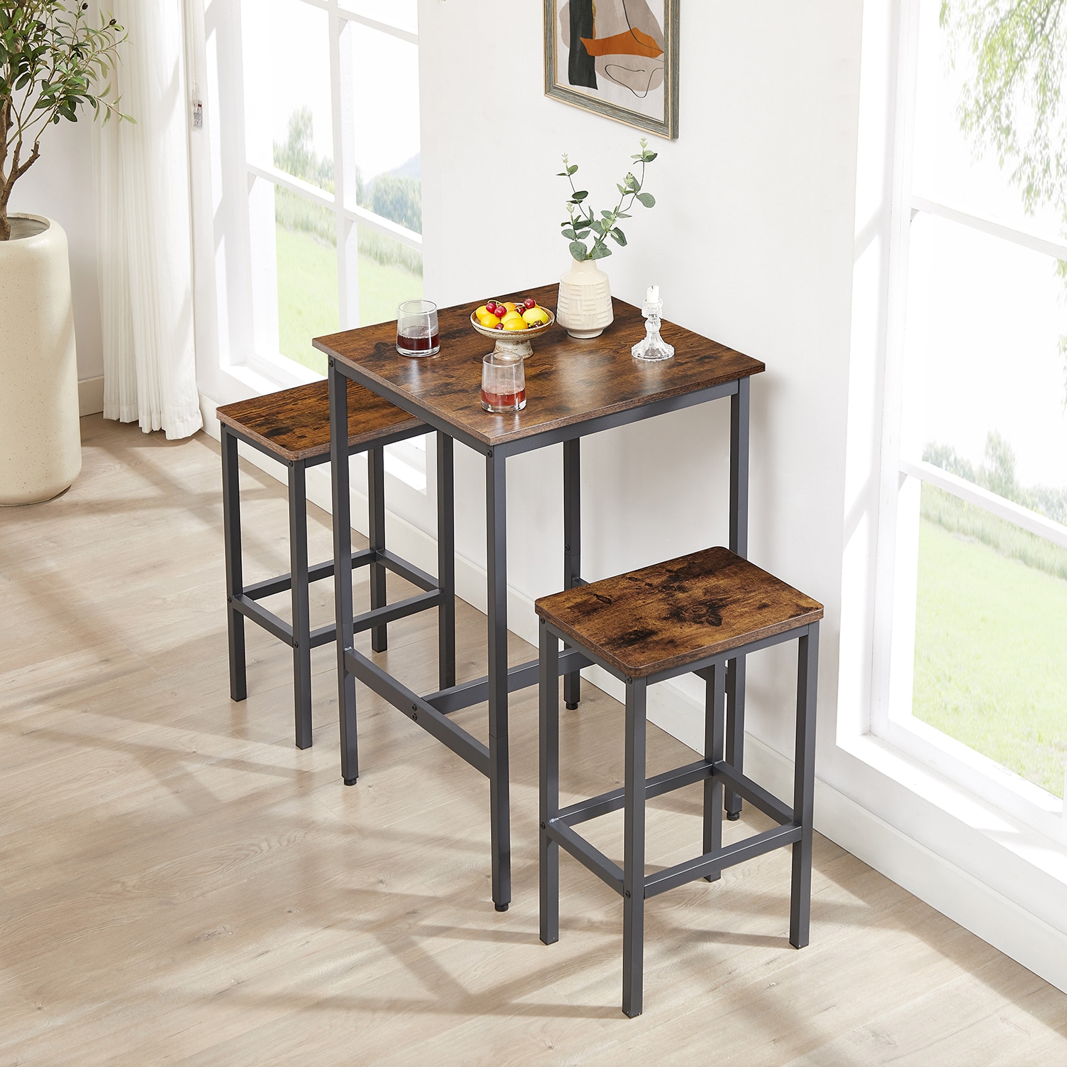 GZMR GZ-CZ3123 Square Bar Table with 2 Bar Chairs Rustic Brown Contemporary/Modern Dining Room Set with Square Table ( Seats 2 )
